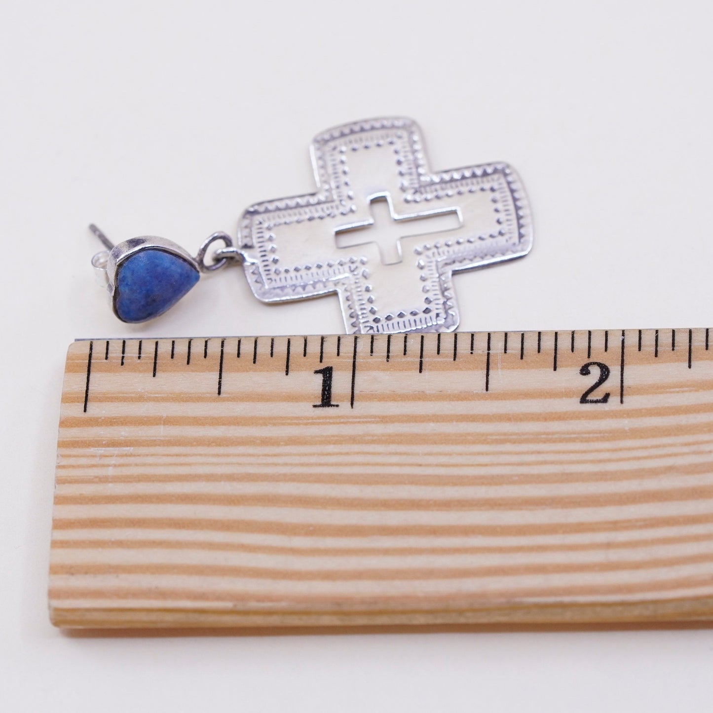 vtg Sterling 925 silver handmade textured cross earrings with heart sodalite