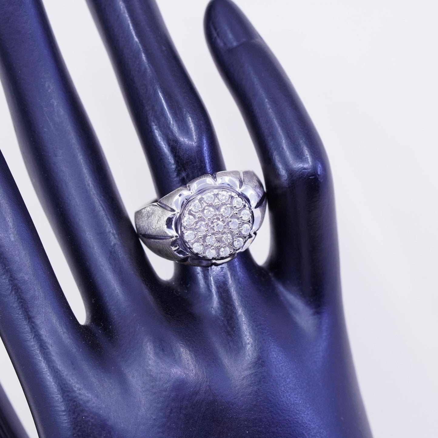 sz 10, vtg textured Sterling 925 silver statement ring w/ cluster real diamond