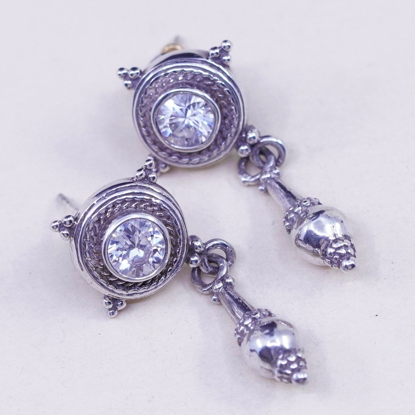 Vintage sterling 925 silver handmade earrings with round CZ and cable