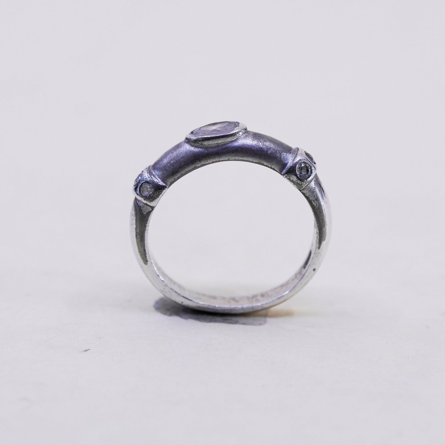Size 6.25, vintage Sterling 925 silver statement ring, band with oval CZ,