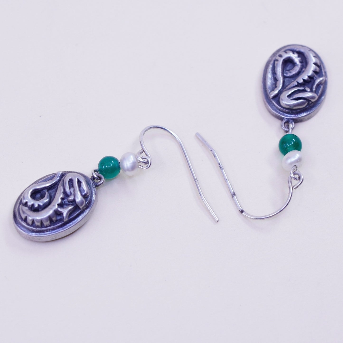 Vintage sterling silver handmade earrings, 925 snake drops with pearl