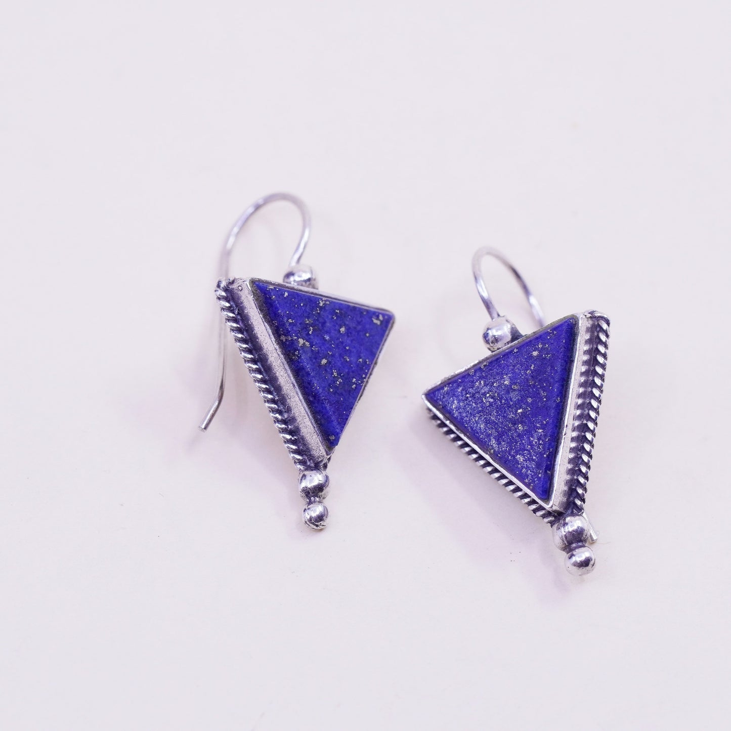Vintage PRECIV Sterling 925 Silver Handmade earrings w/ triangular lapis lazuli