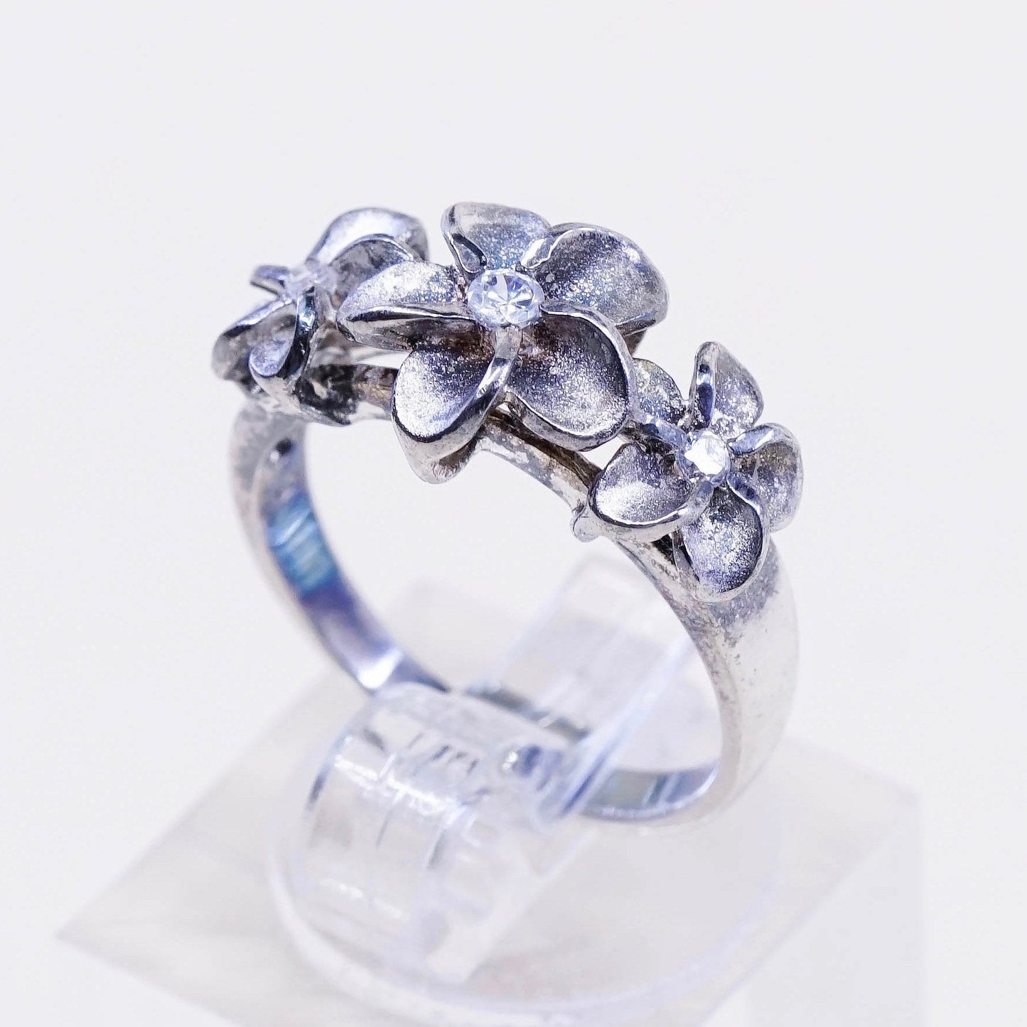 sz 6, vtg sterling silver plumeria flower with crystal ring, 925 silver ring