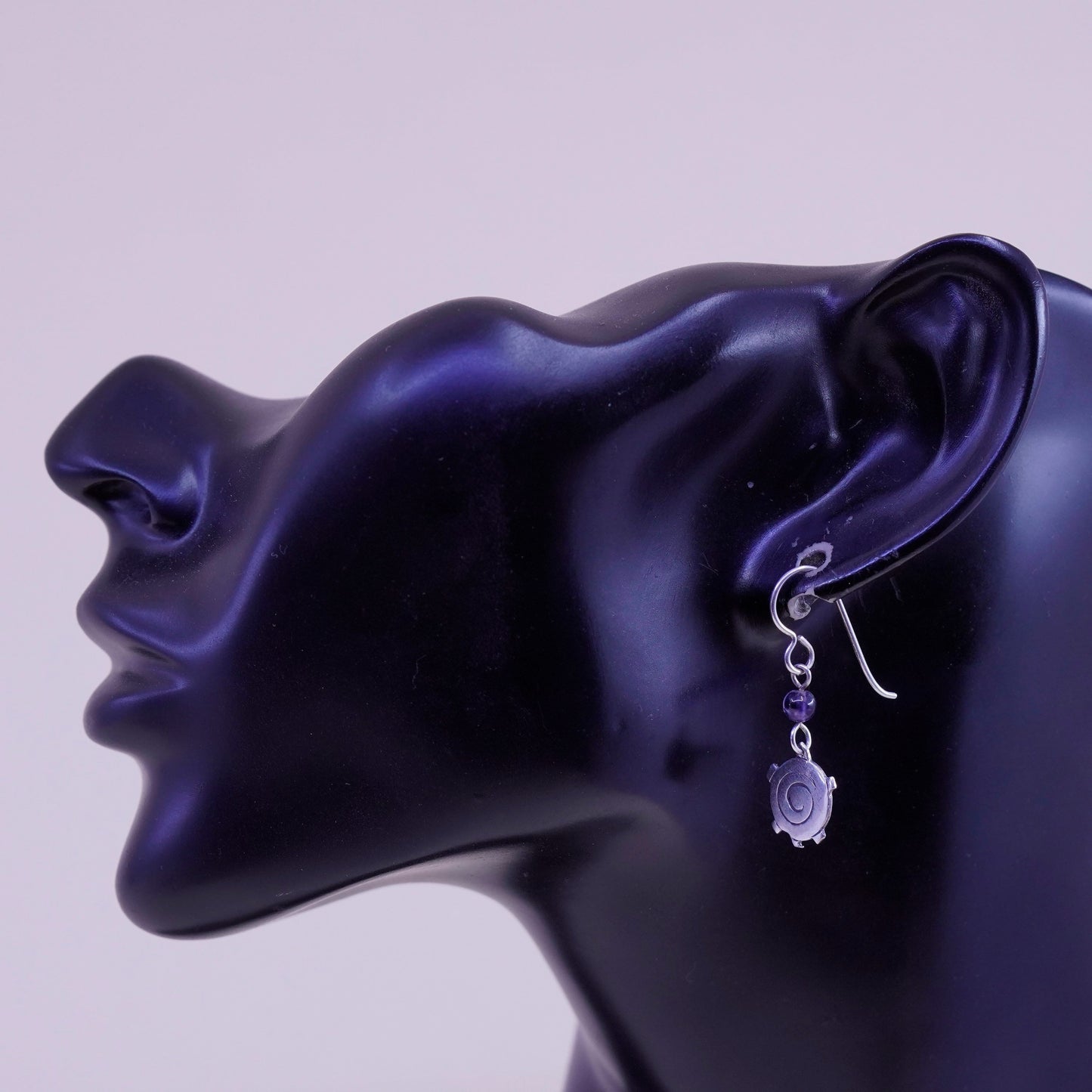 Vintage Sterling silver handmade earrings, 925 swirly dangles with amethyst