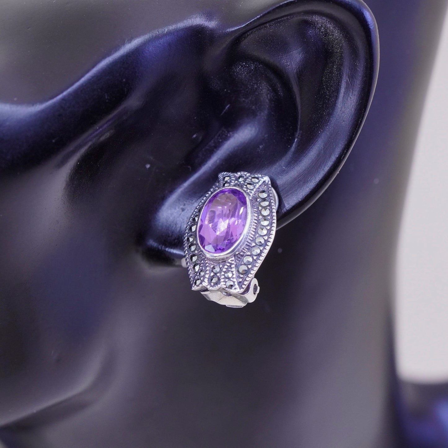 Vintage Sterling 925 silver handmade clip on earrings w/ amethyst and Marcasite