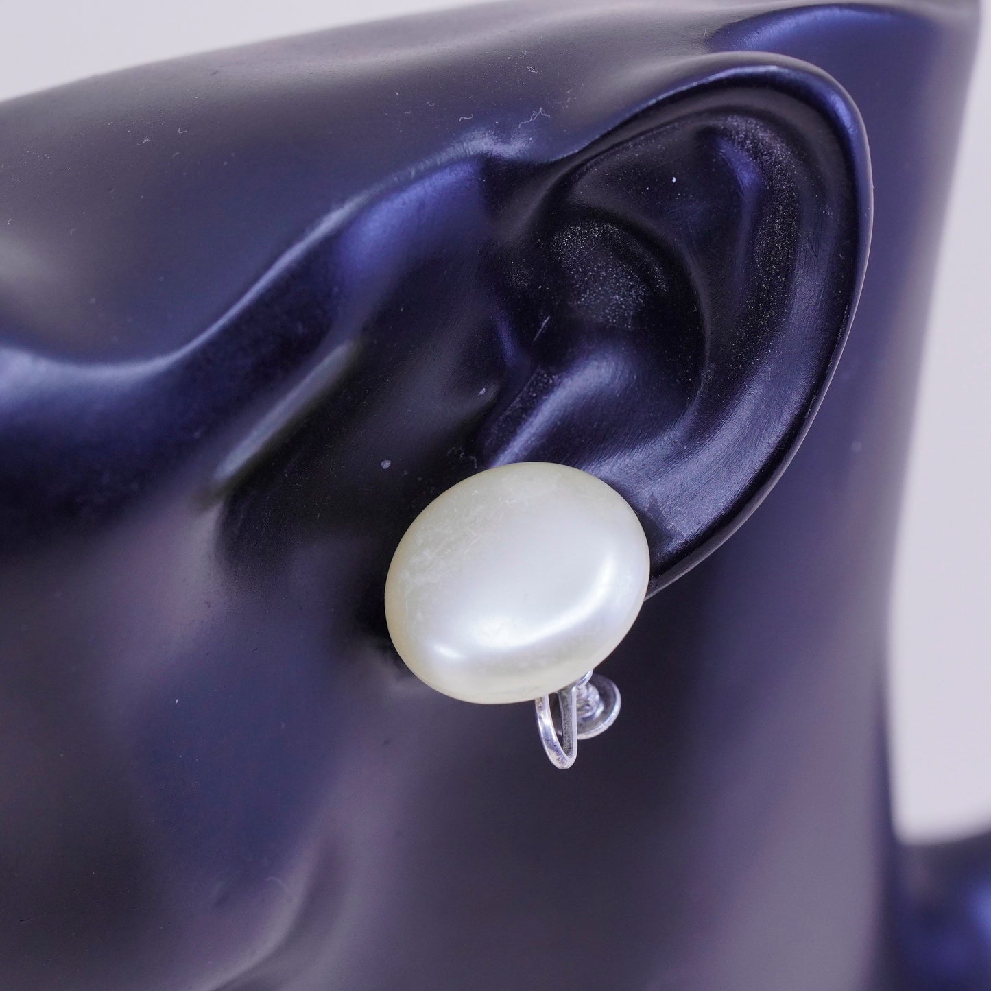 Vintage sterling 925 silver handmade earrings screw back with faux pearl, stamped sterling