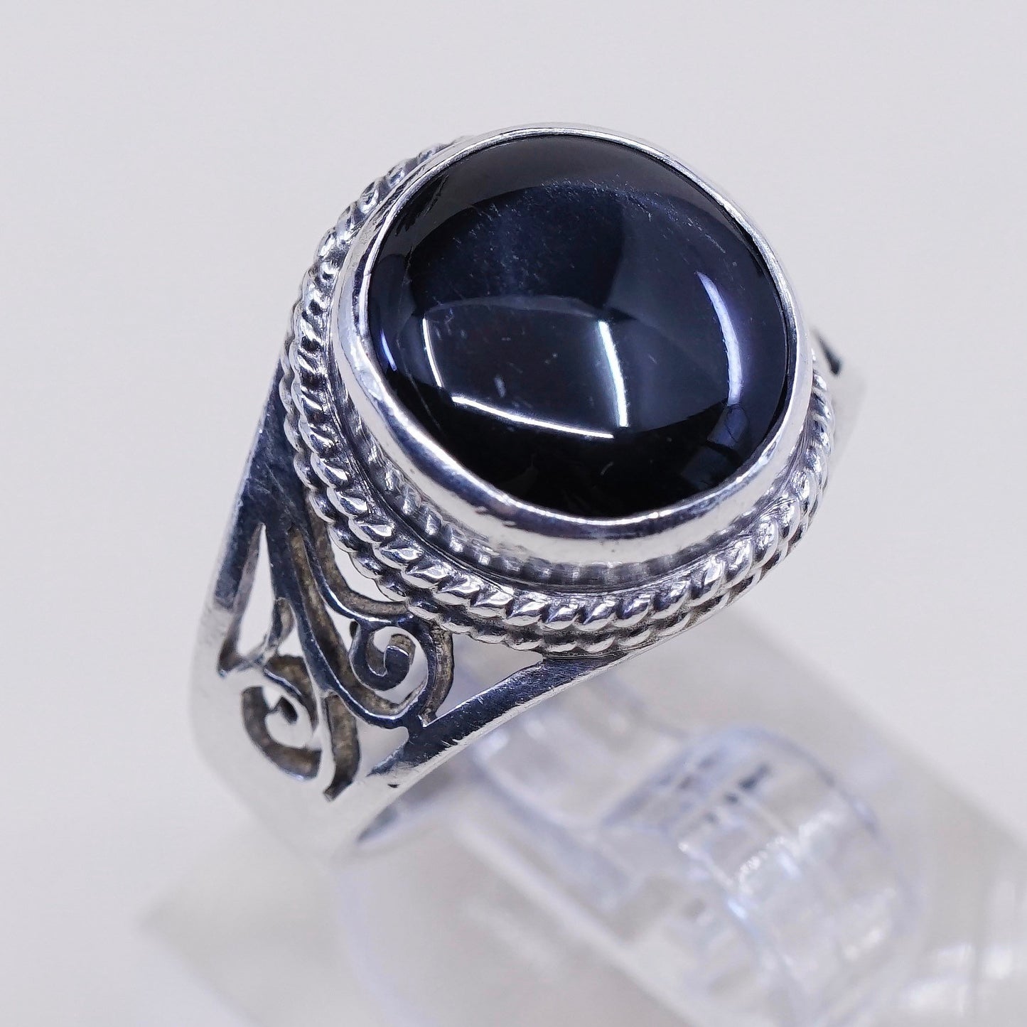 sz 7, vtg sterling silver ring, handmade filigree 925 ring w/ black tiger eye