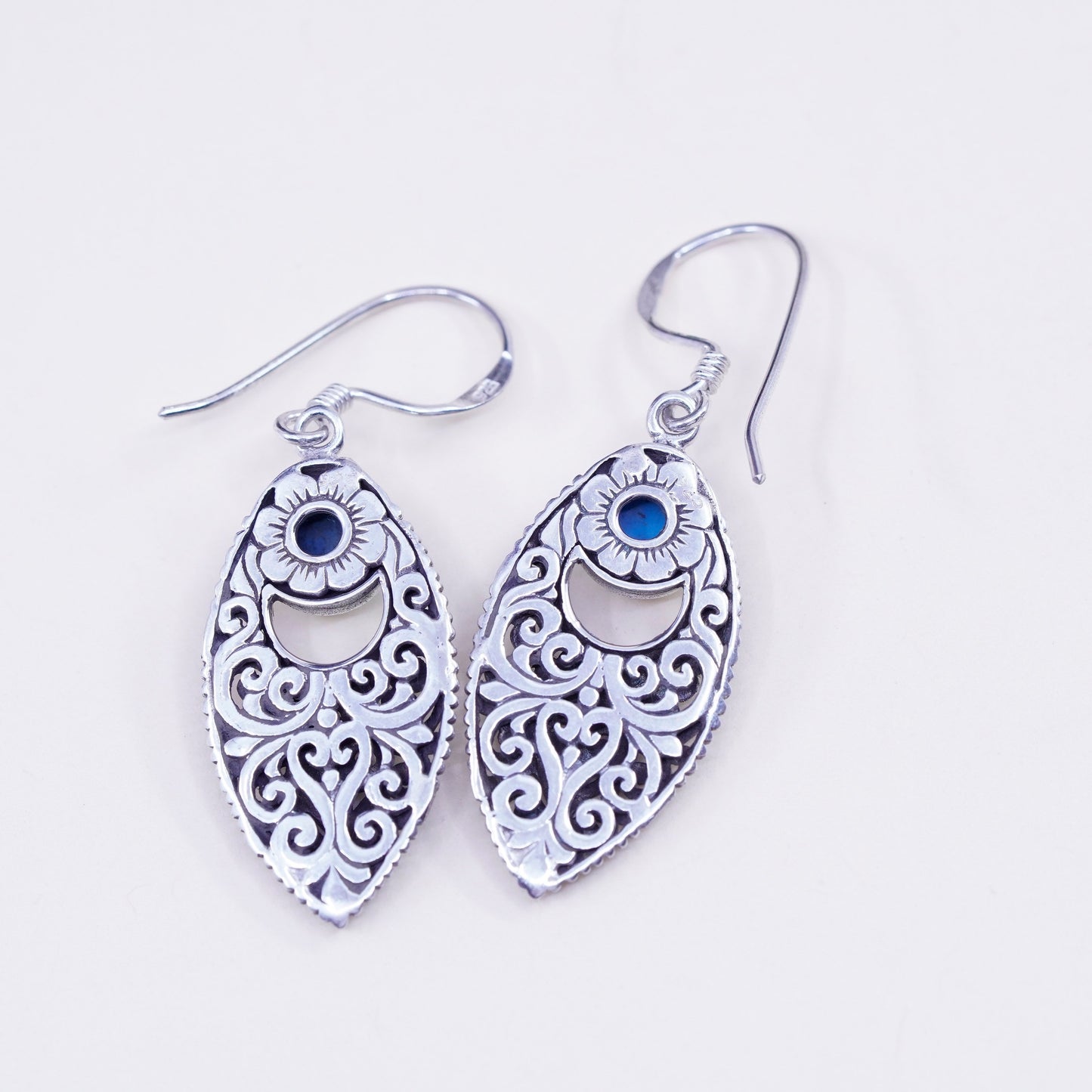 Vintage Sterling 925 silver handmade marquise earrings with turquoise filigree