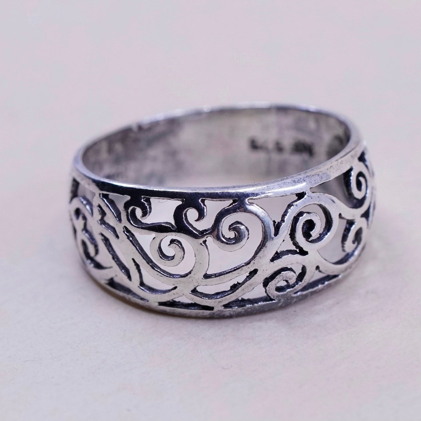 Size 7, vintage sterling silver handmade ring, 925 whirl filigree band