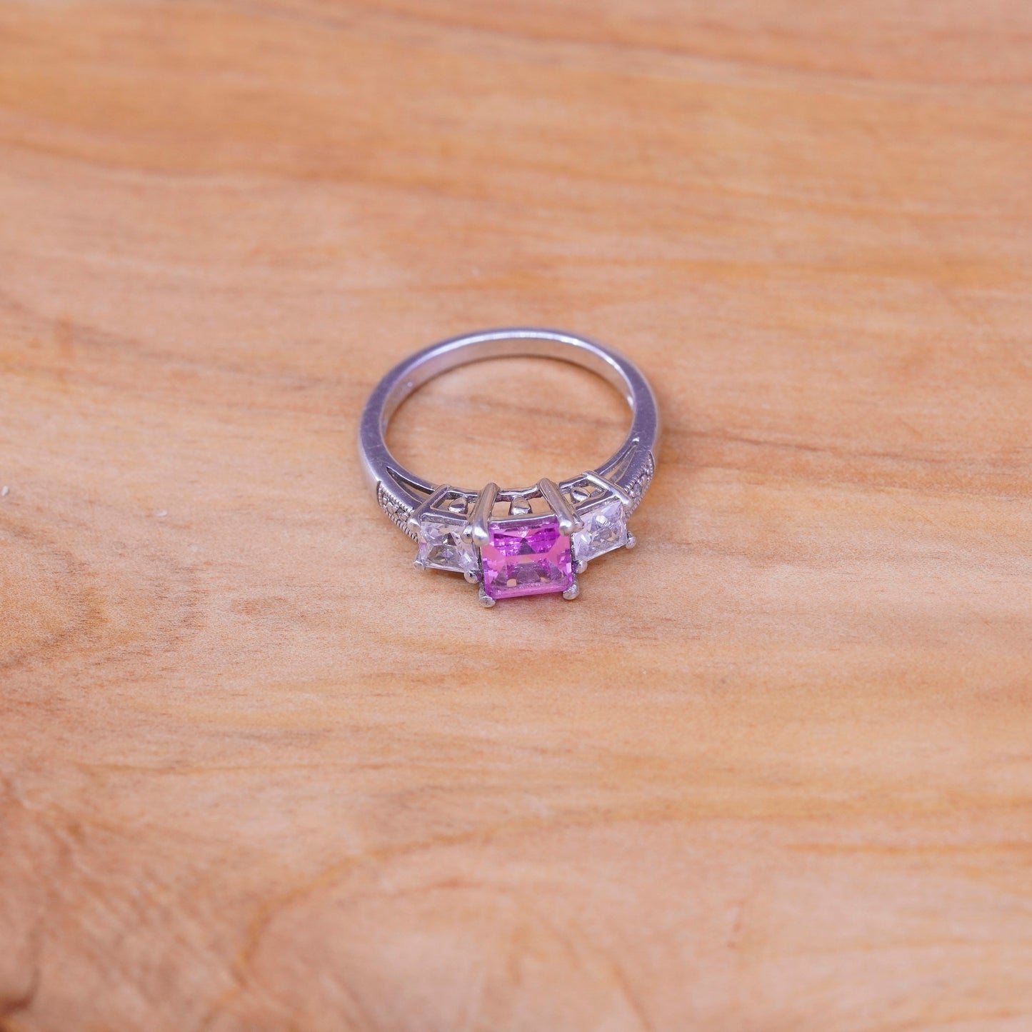 Size 6.5, vintage Sterling 925 silver ring with pink and clear cz