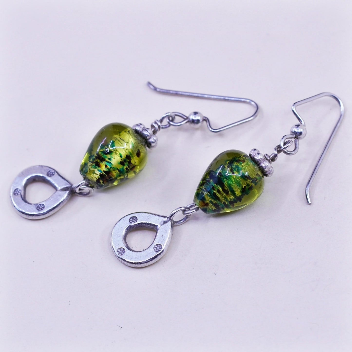 Vintage Sterling 925 silver handmade earrings with green teardrop glass dangles