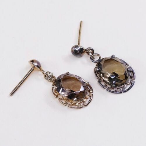 Vtg Gold STERLING 925 SILVER earrings with Smoky Crystal dangles, Silver Tested