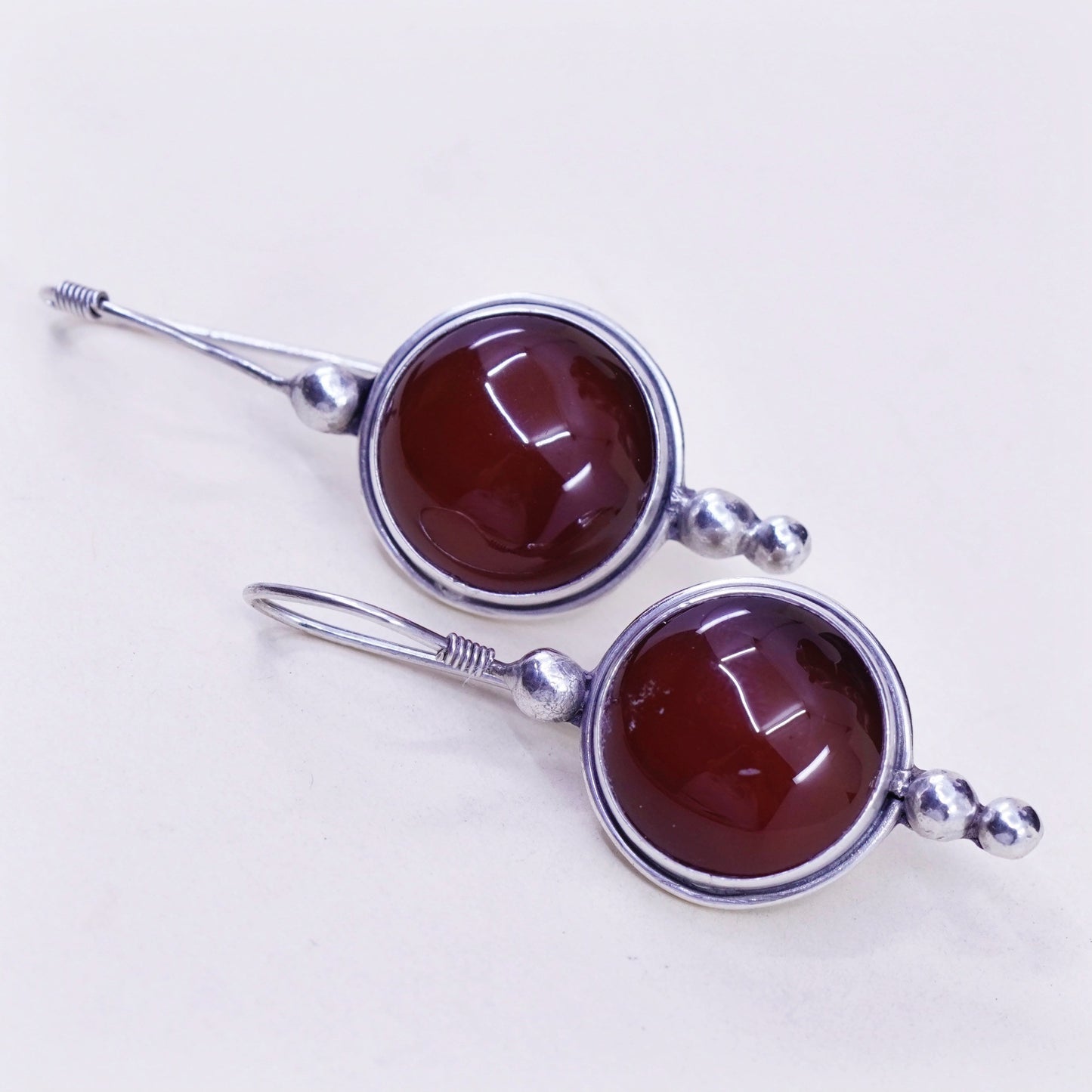 Vintage sterling 925 silver handmade earrings with circle carnelian