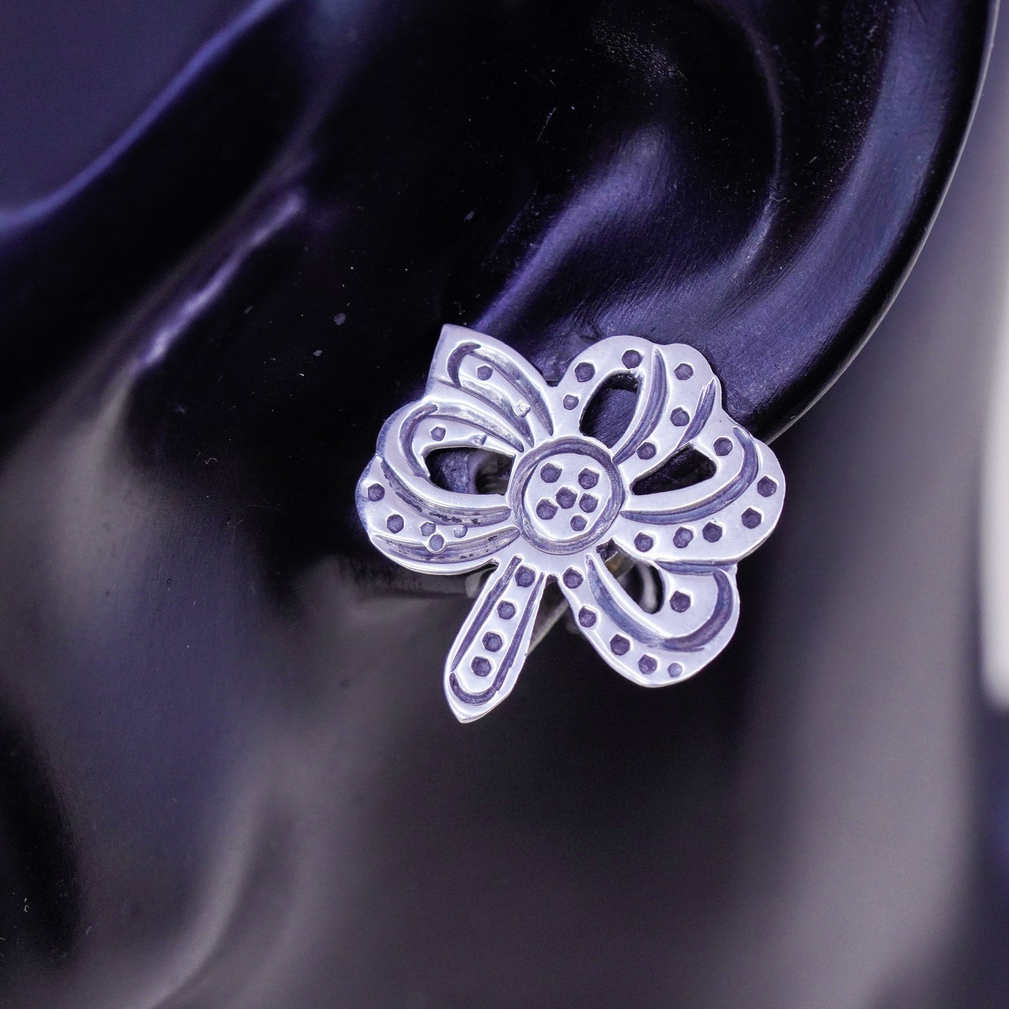 Vintage Sterling silver handmade earrings, 925 screw back bow tie ribbon