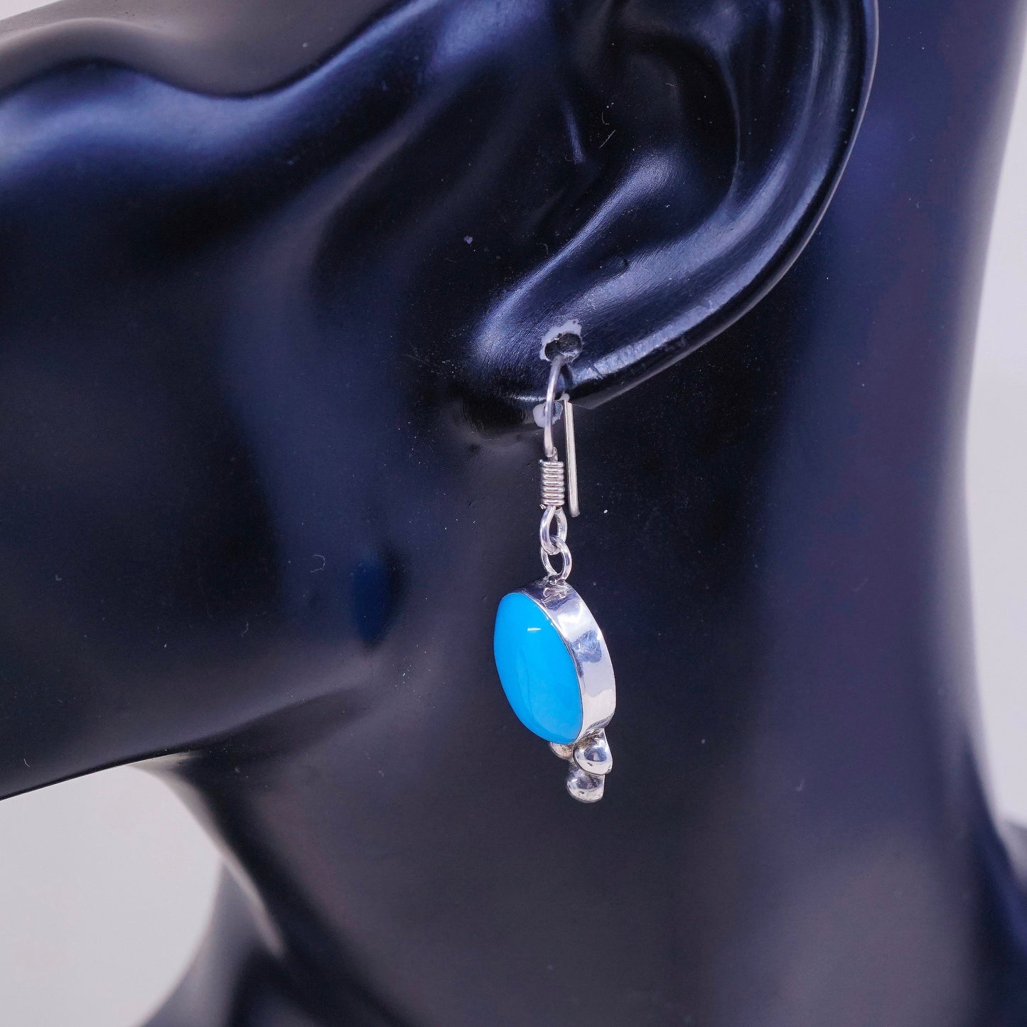 Vintage Sterling 925 silver handmade earrings, with oval turquoise, Stamped 925