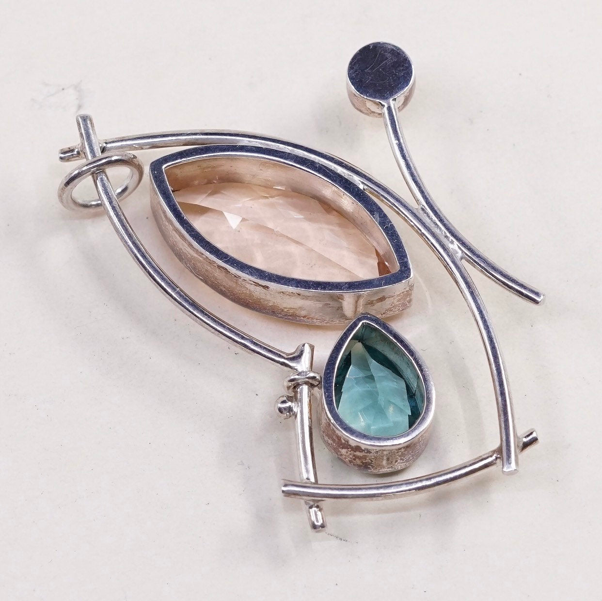 VTG modern sterling silver handmade pendant, 925 Mexico orange green topaz N cz