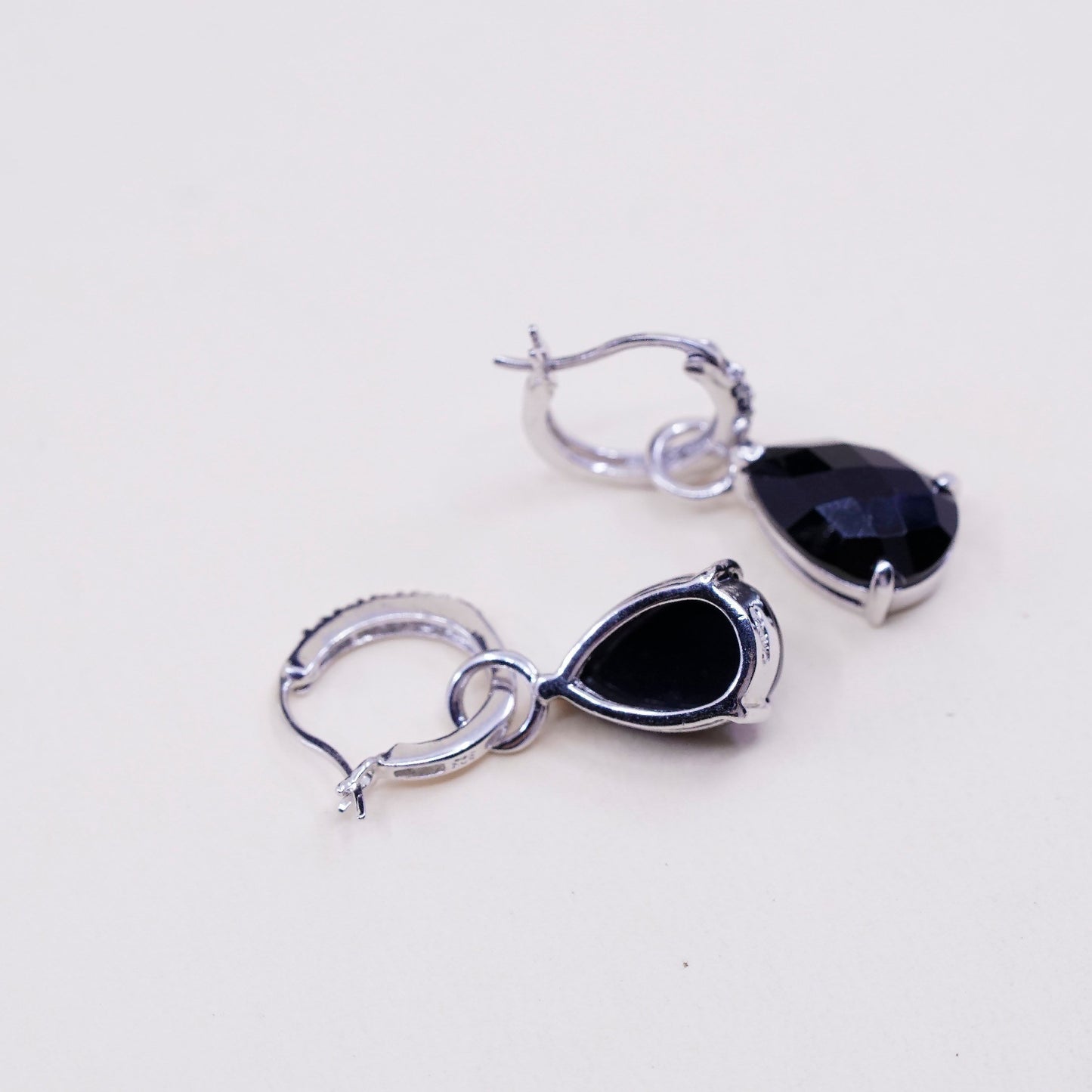 VTG sterling silver earrings, 925 hoops, huggie, W/ diamond N teardrop garnet