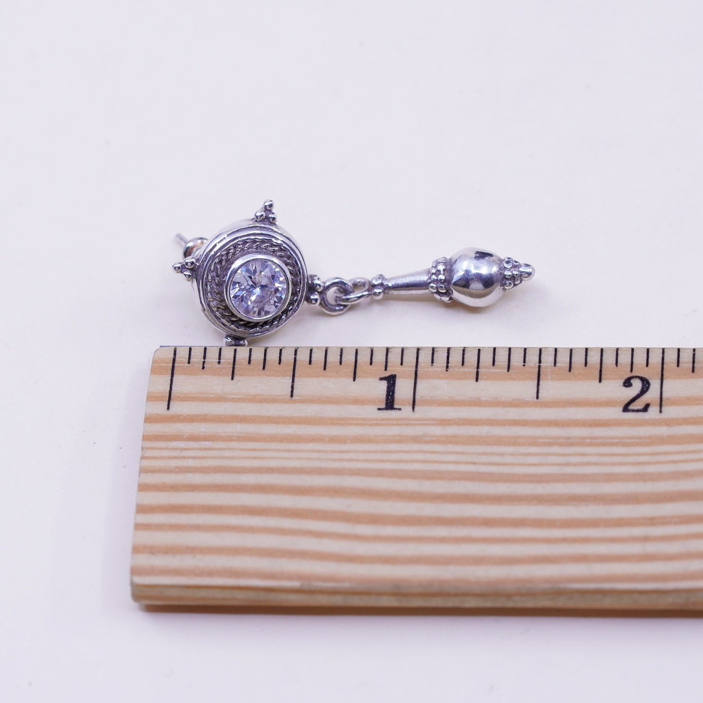 Vintage sterling 925 silver handmade earrings with round CZ and cable