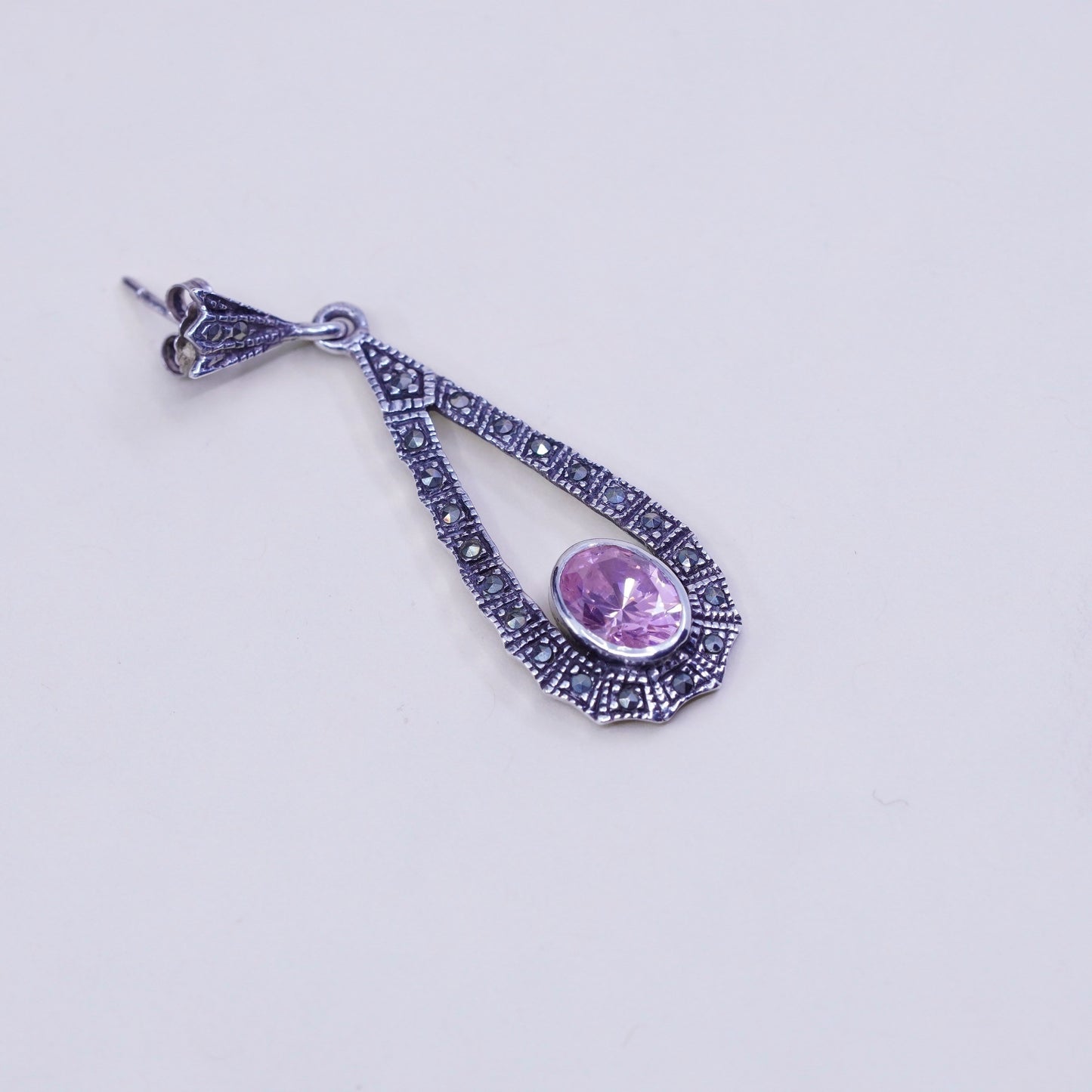 vtg Sterling silver handmade earrings, 925 teardrop with pink crystal marcasite