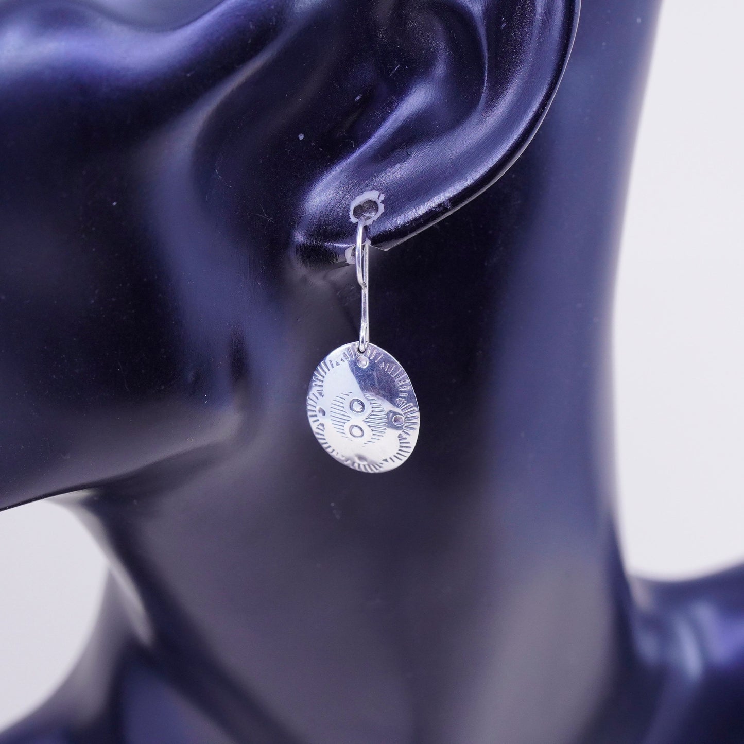 Vintage Hammered textured Disc Sterling 925 Silver Earrings