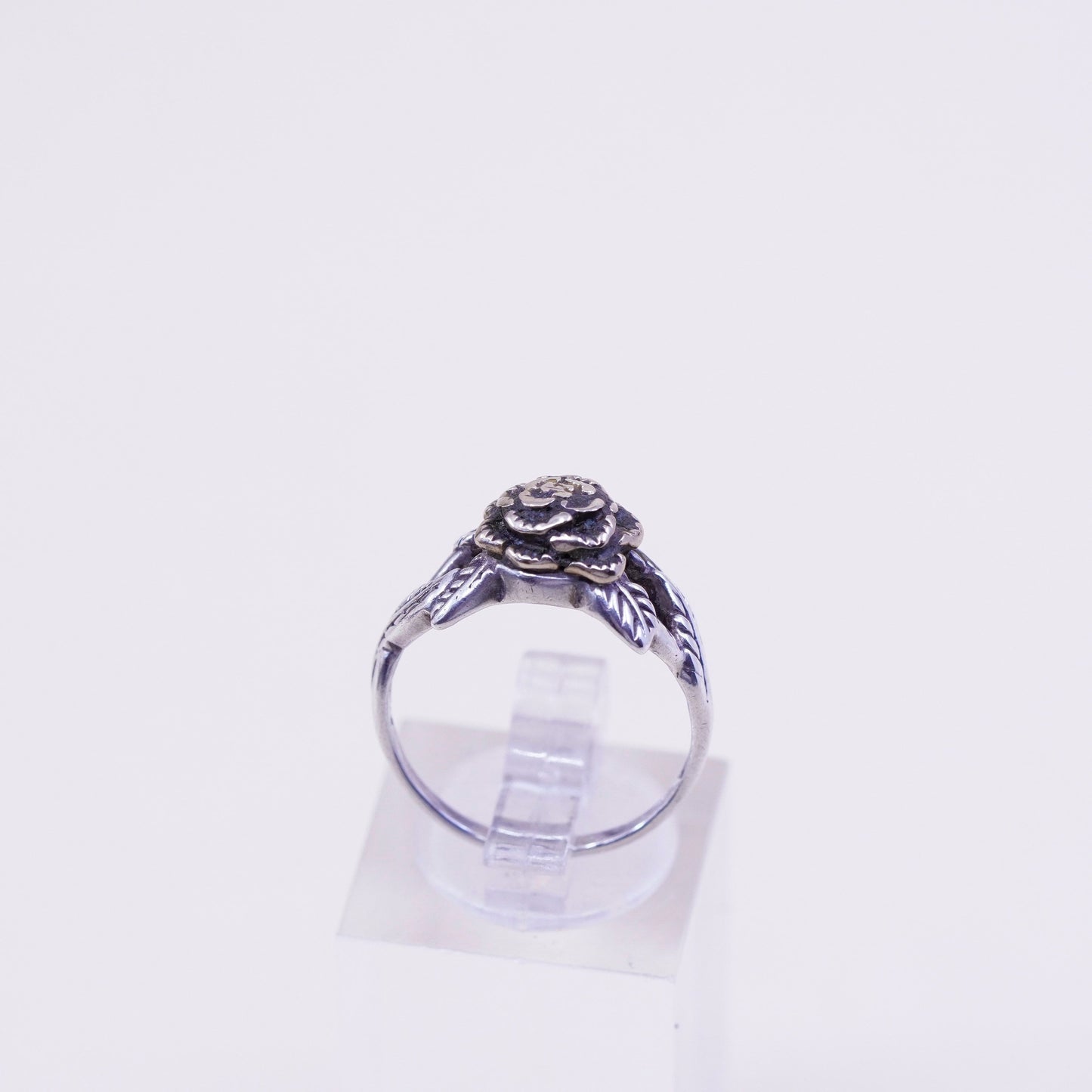 Size 7, vintage TT Sterling silver handmade ring, 925 leaves with brass rose