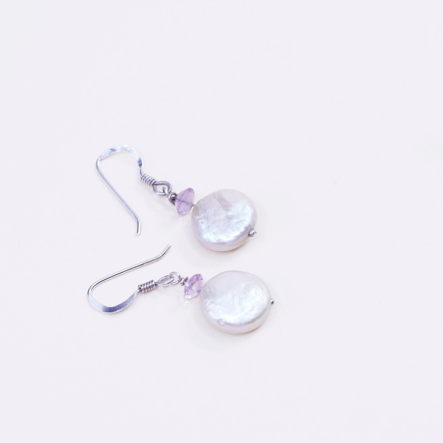 Vintage sterling silver handmade earrings, 925 dangles with coin pearl