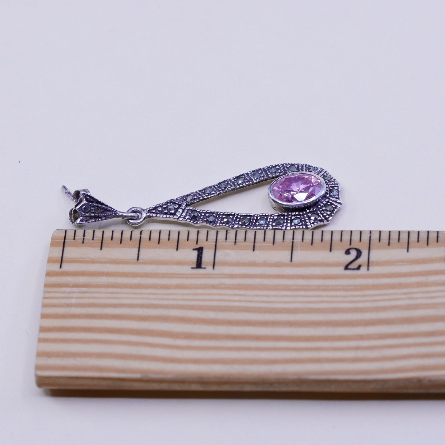 vtg Sterling silver handmade earrings, 925 teardrop with pink crystal marcasite