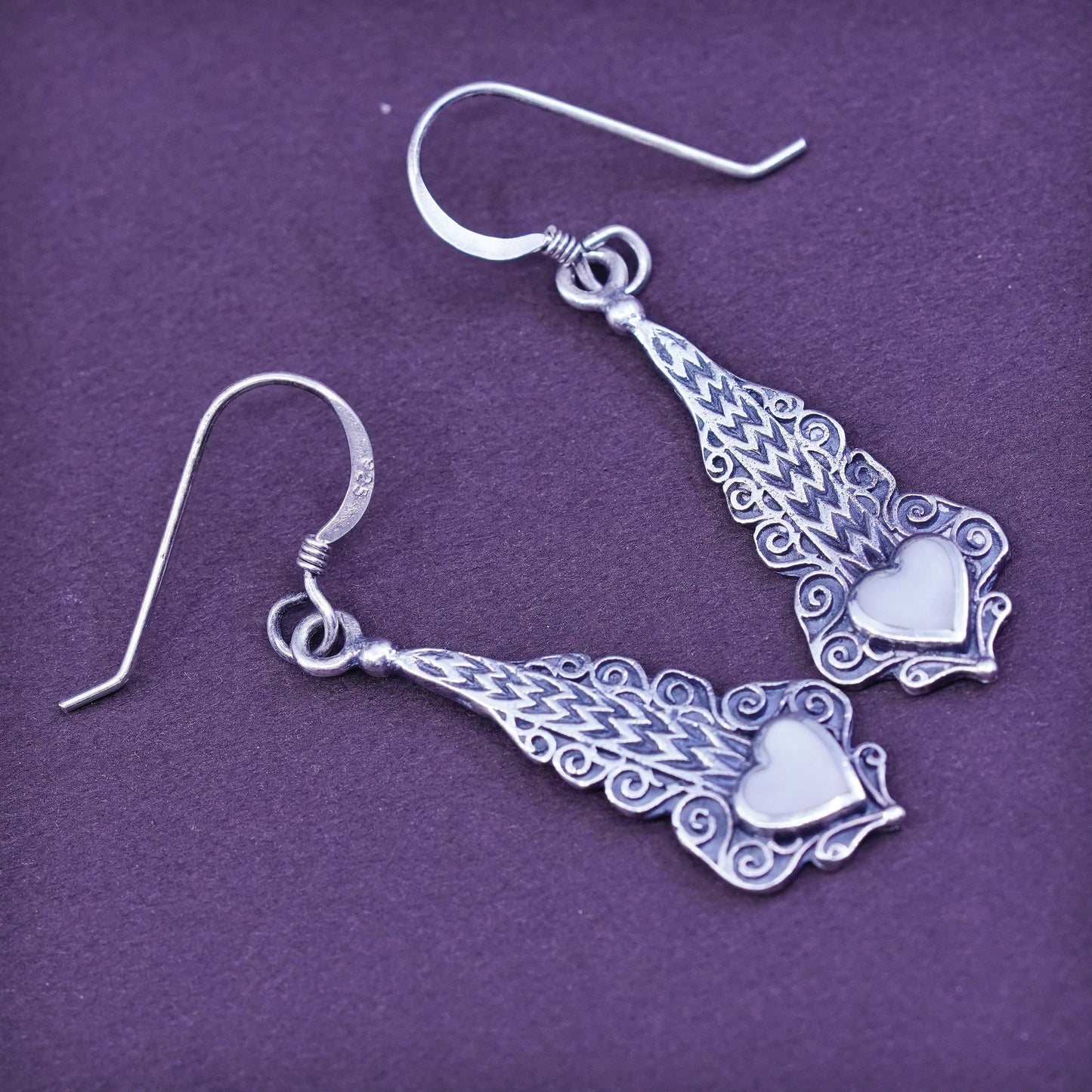 Sterling silver handmade earrings filigree 925 dangles w/ heart mother of pearl
