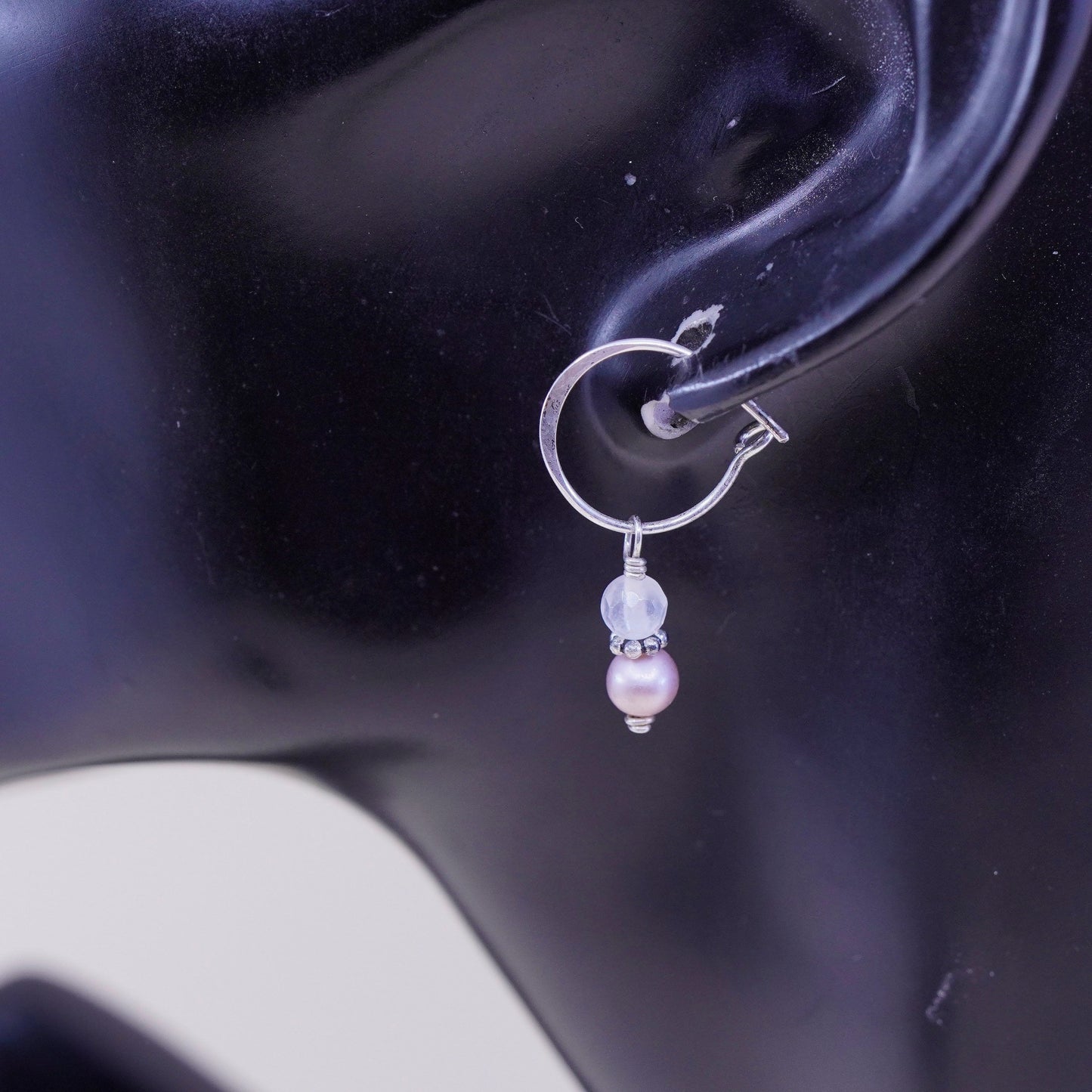 0.5”, Vintage sterling 925 silver earrings, minimalist primitive hoops with pink pearl and crystal, silver tested