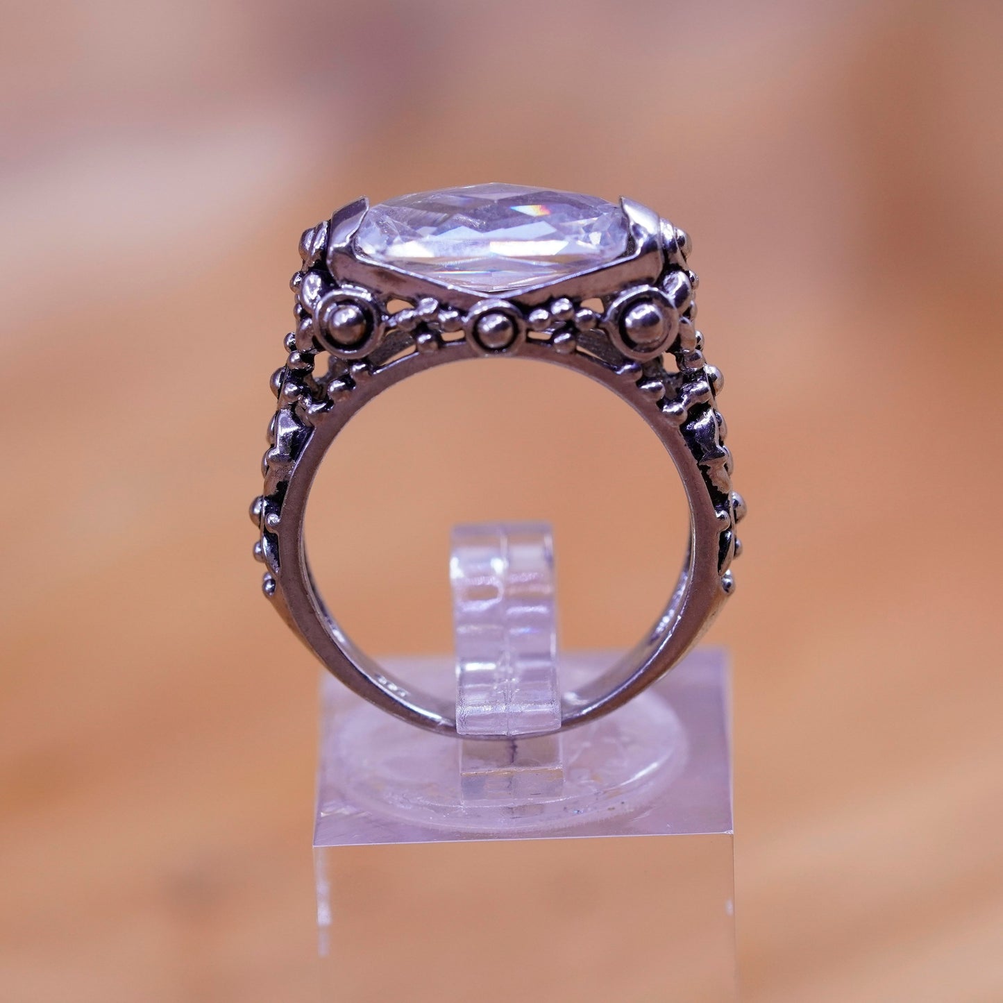 Size 7, vintage Sterling silver handmade ring, 925 filigree band with cz