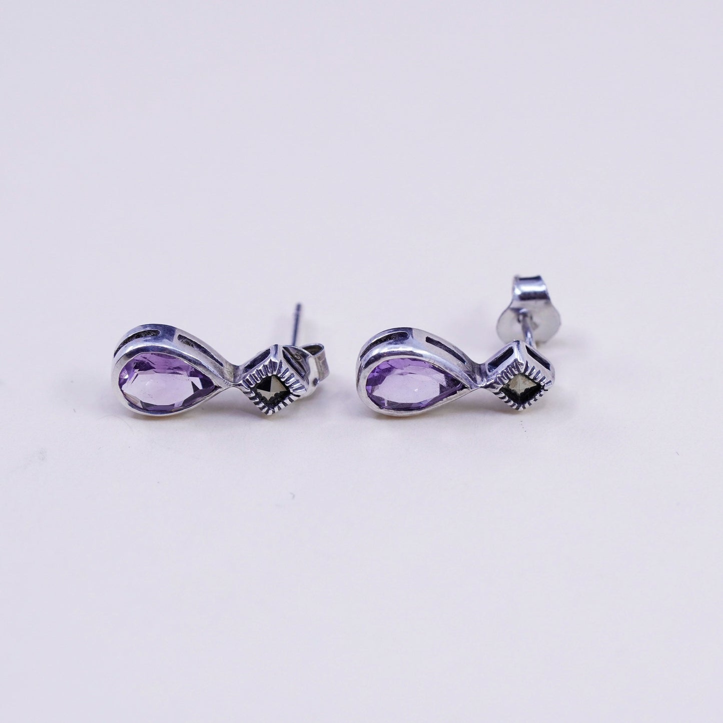 DBJ modern sterling silver handmade earrings, 925 teardrop amethyst marcasite