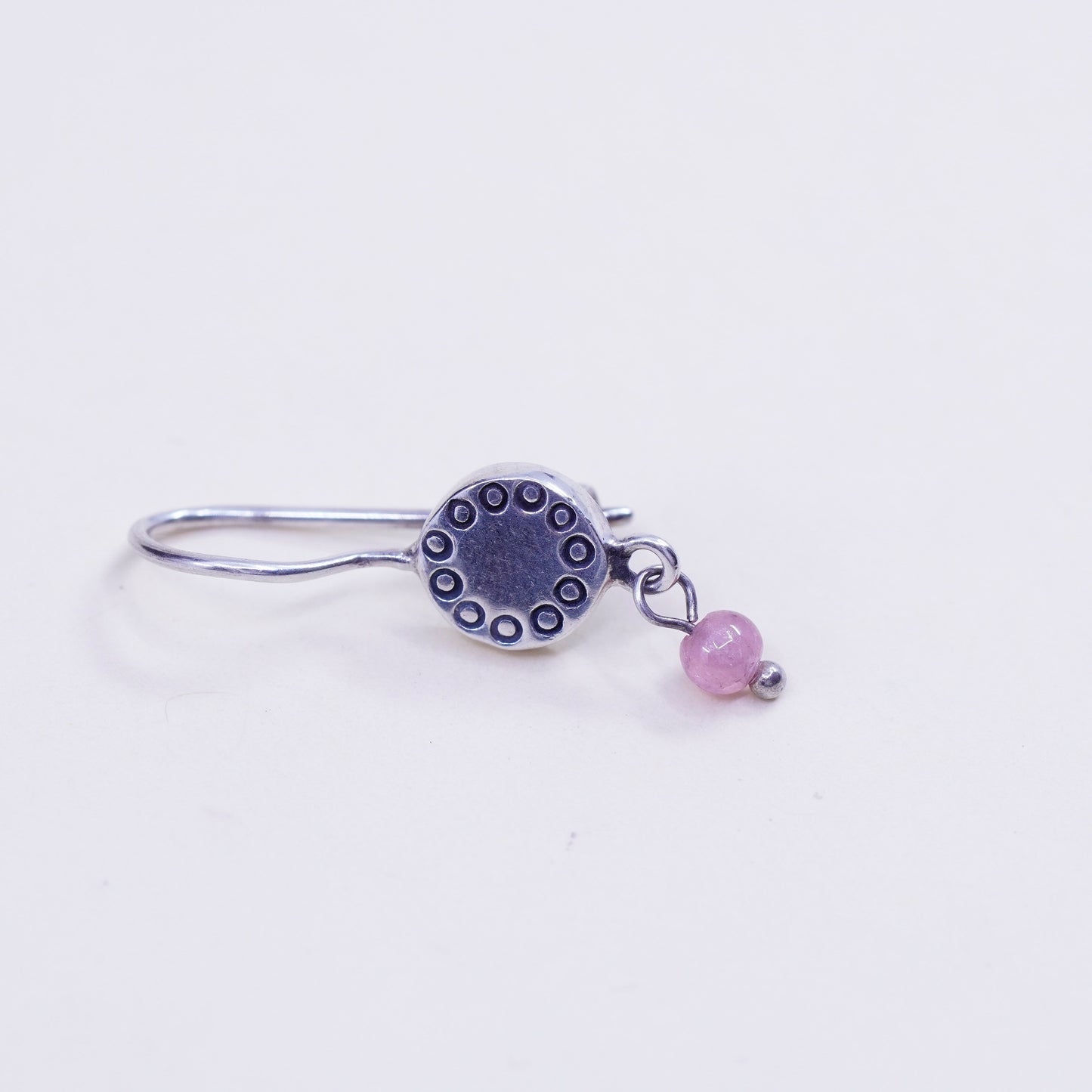 Sterling silver handmade earrings, modern 925 circle disc dangles pink quartz
