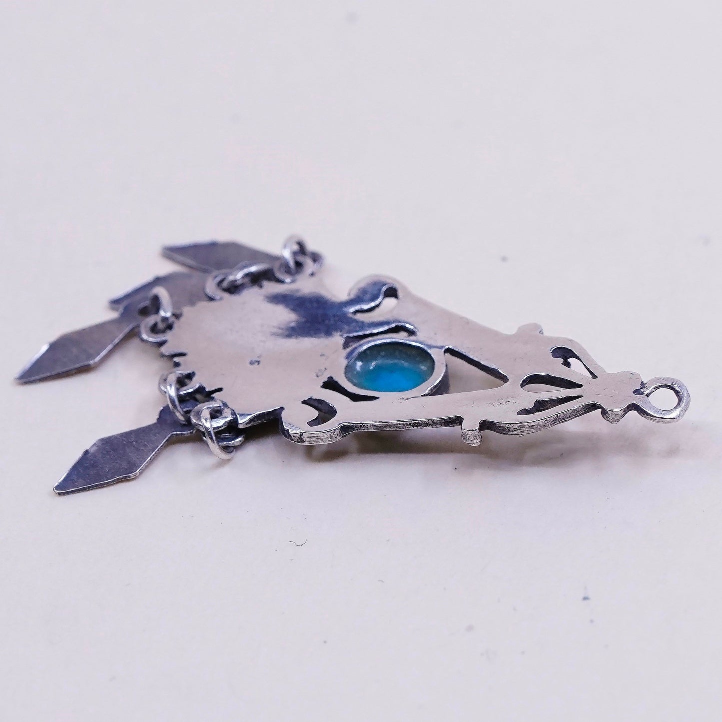 Sterling silver handmade pendant, 925 charm with turquoise and fringe dangles