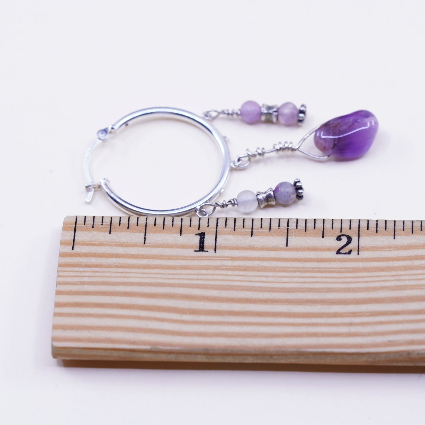 Vintage sterling silver handmade earrings, 925 hoops with amethyst