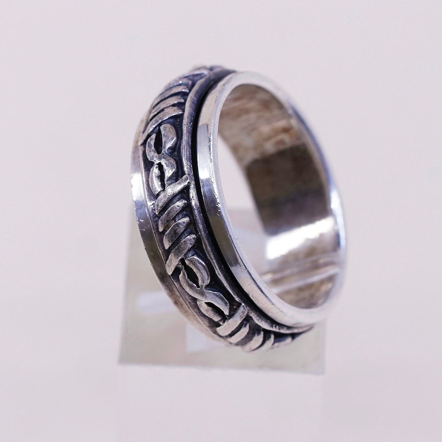 sz 10, vtg sterling silver handmade ring, 925 spinner roller band w/ cable