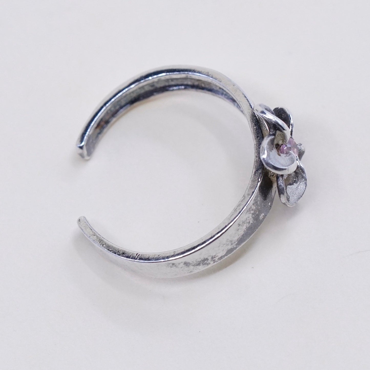 Size 4, Vintage sterling 925 silver plumeria flower with pink Cz ring