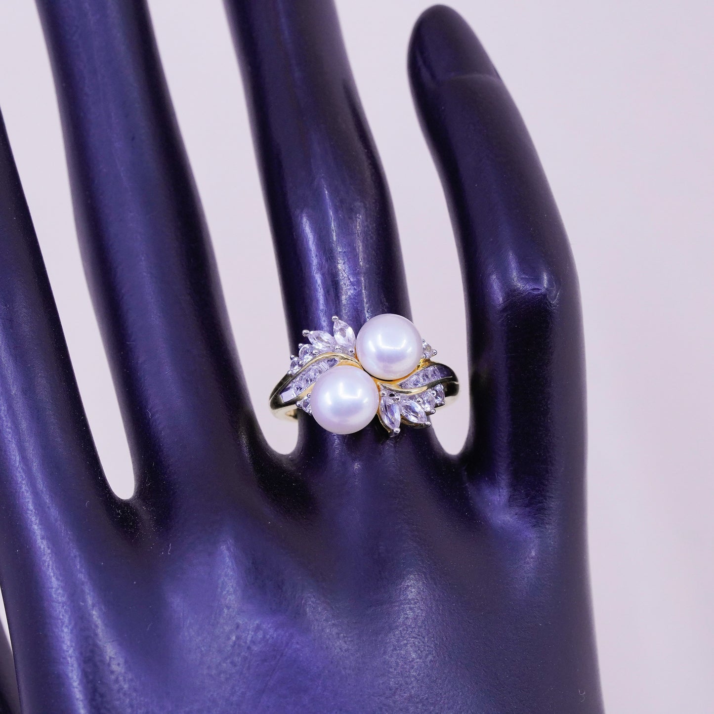 Size 7, vermeil gold filled sterling 925 silver engagement ring with pearl cz