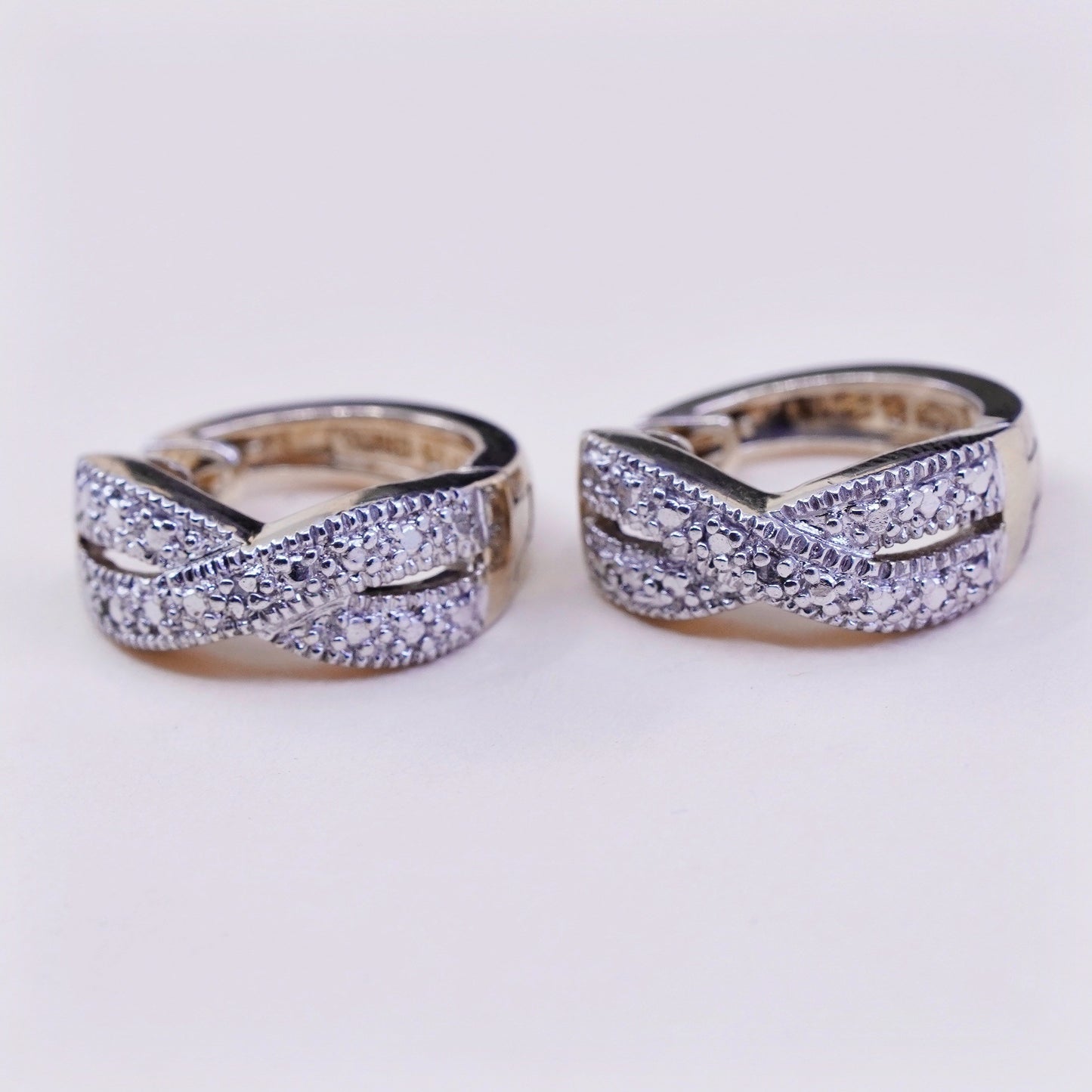 0.5”, Vintage vermeil gold over sterling silver earrings, 925 hoops, huggie, with diamond details, stamped 925