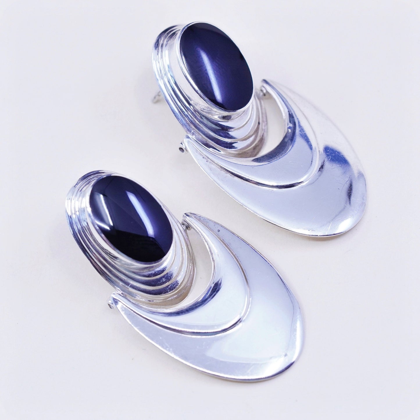 vtg Sterling 925 silver handmade earrings with oval obsidian drops, elegant