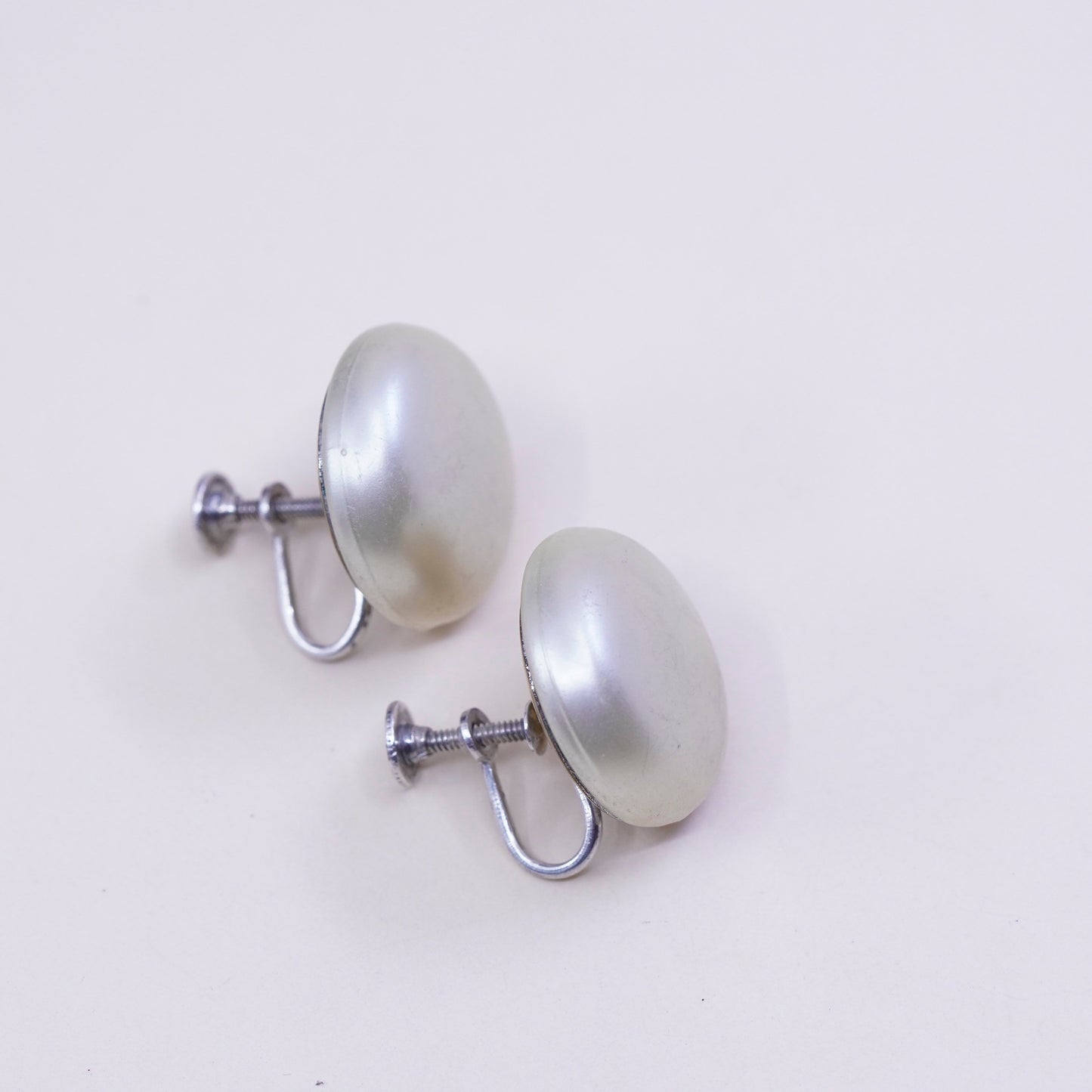 Vintage sterling 925 silver handmade earrings screw back with faux pearl, stamped sterling