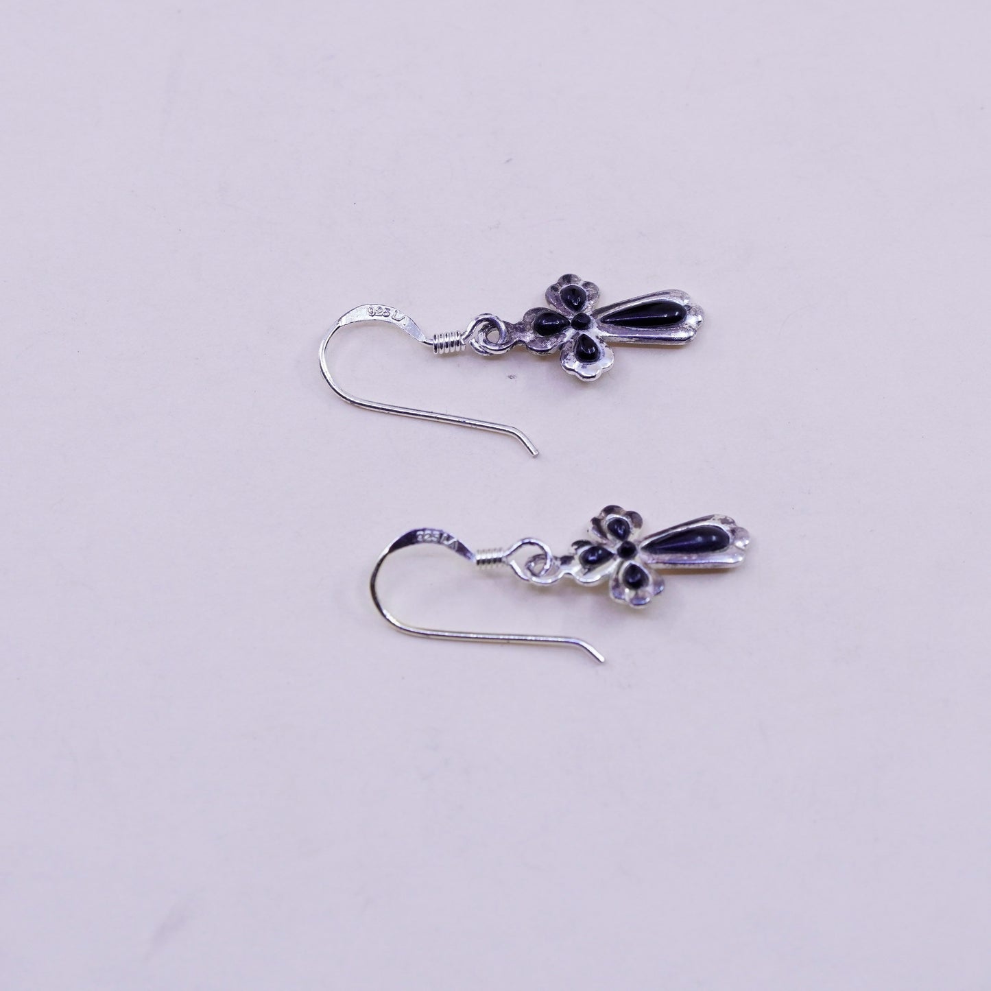 Vintage Sterling silver handmade earrings, 925 cross with obsidian, cute