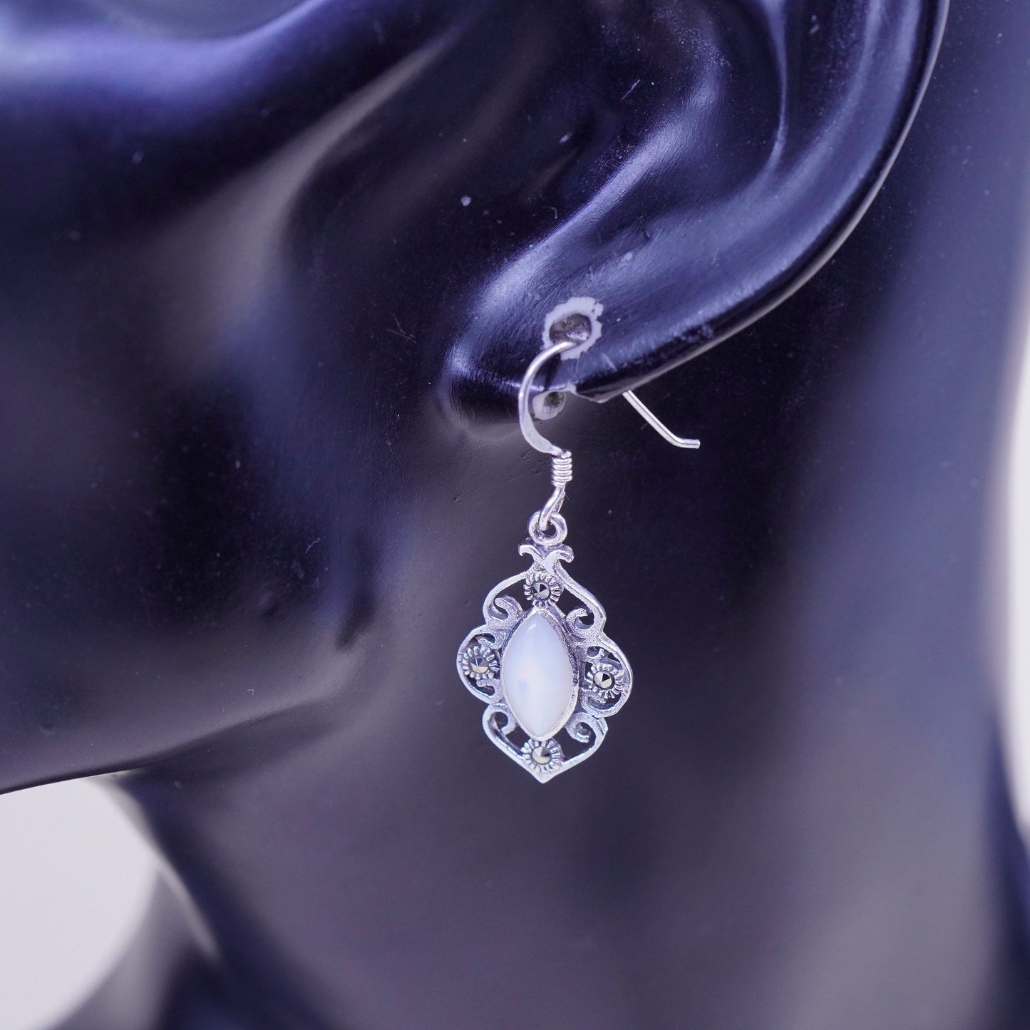 Vintage sterling silver handmade earrings, 925 marquise w/ moonstone marcasite