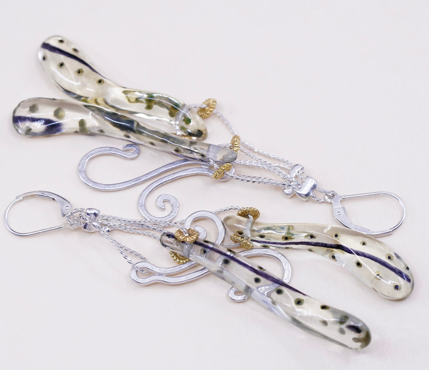 VTG sterling 925 silver handmade earrings, resin long nugget with swirl dangles