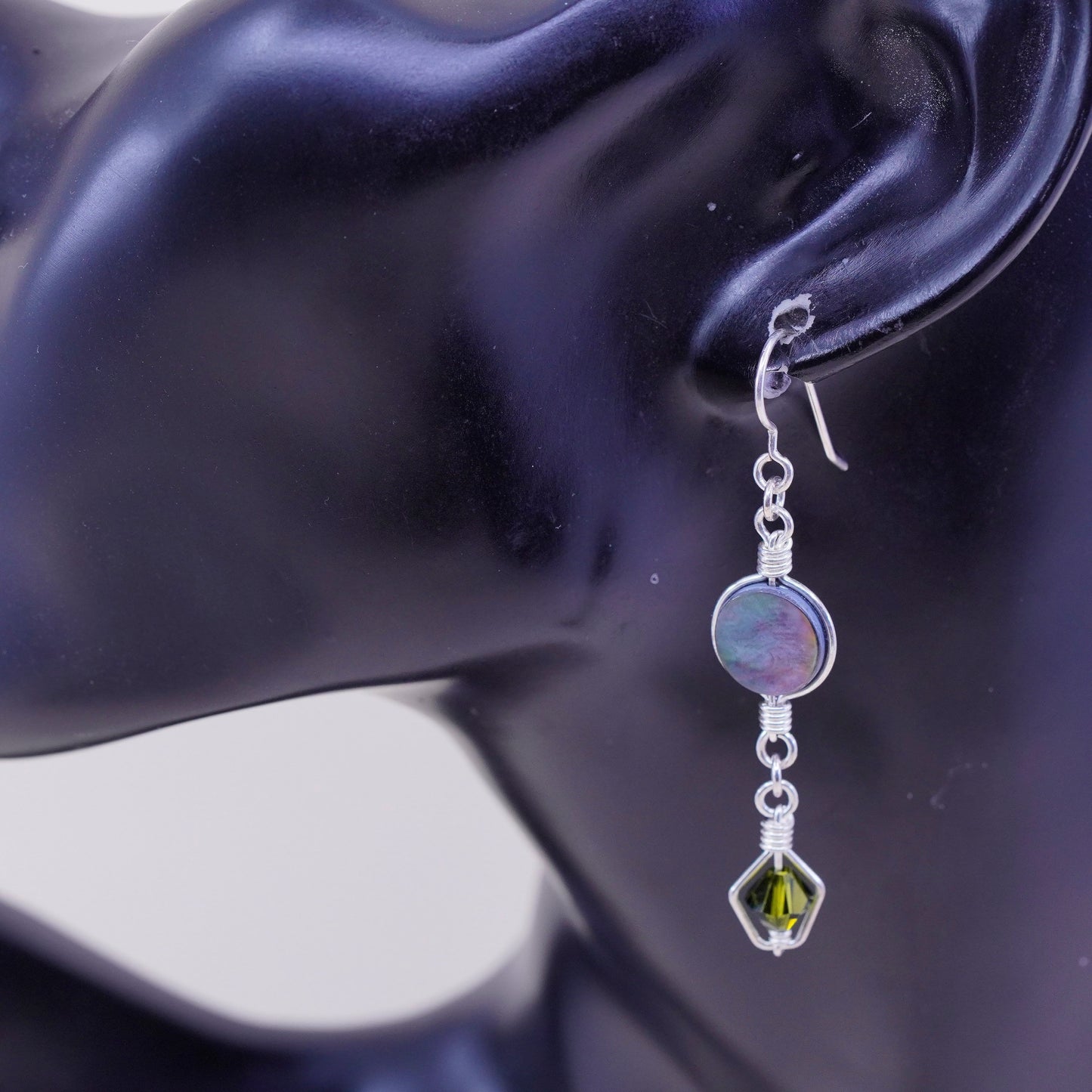 Vintage sterling silver handmade earrings, 925 hooks with circle abalone and peridot, silver tested