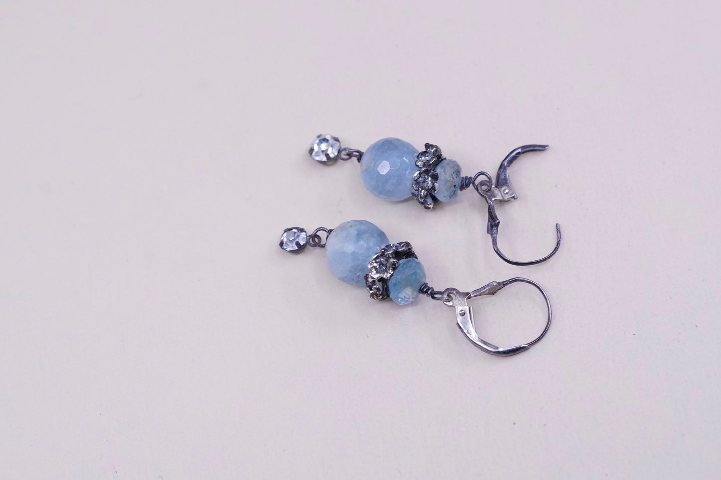 Vintage Sterling 925 silver handmade earrings with blue crystal dangles