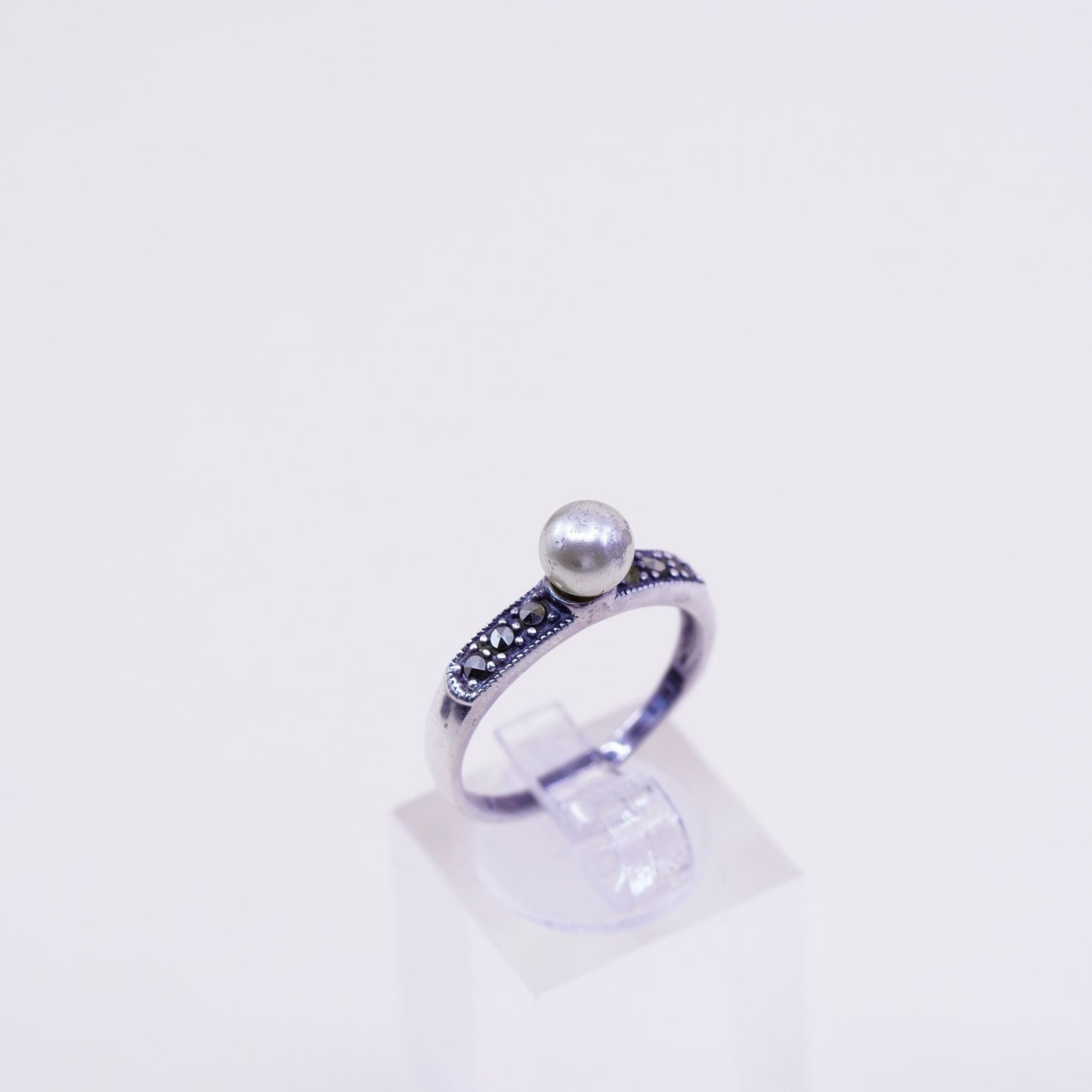 Size 8, vintage sterling 925 silver handmade stackable ring pearl marcasite