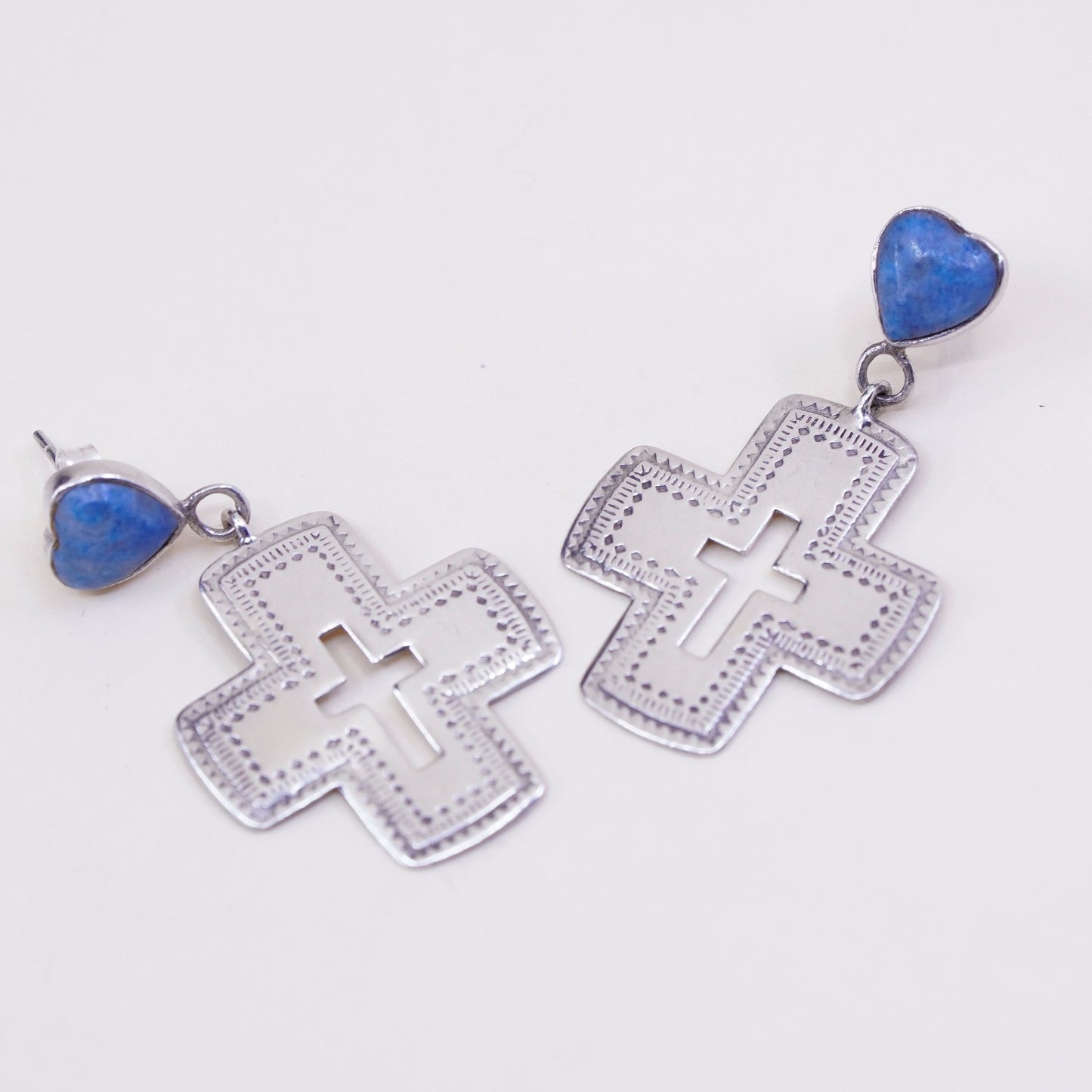 vtg Sterling 925 silver handmade textured cross earrings with heart sodalite