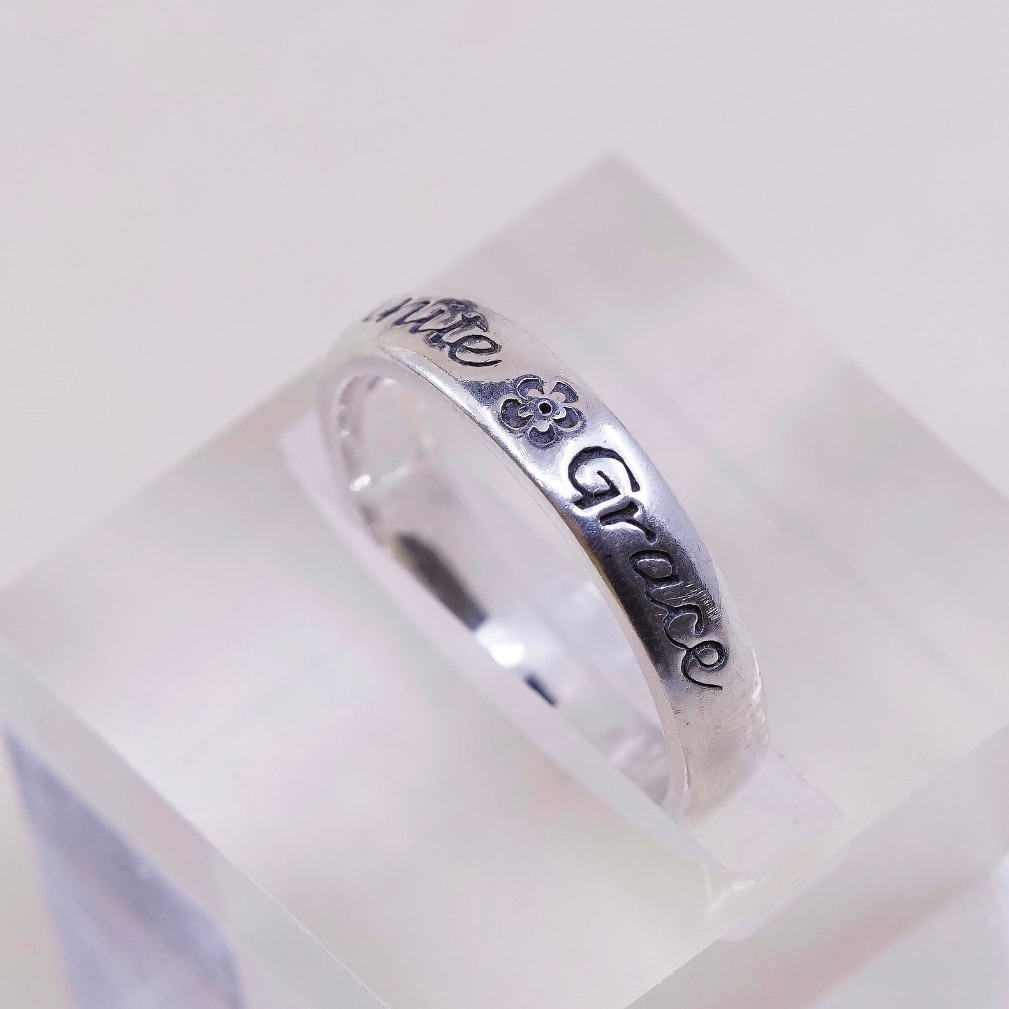 sz 8.25, vtg sterling silver handmade ring, 925 band, engraved “Infinite grace”