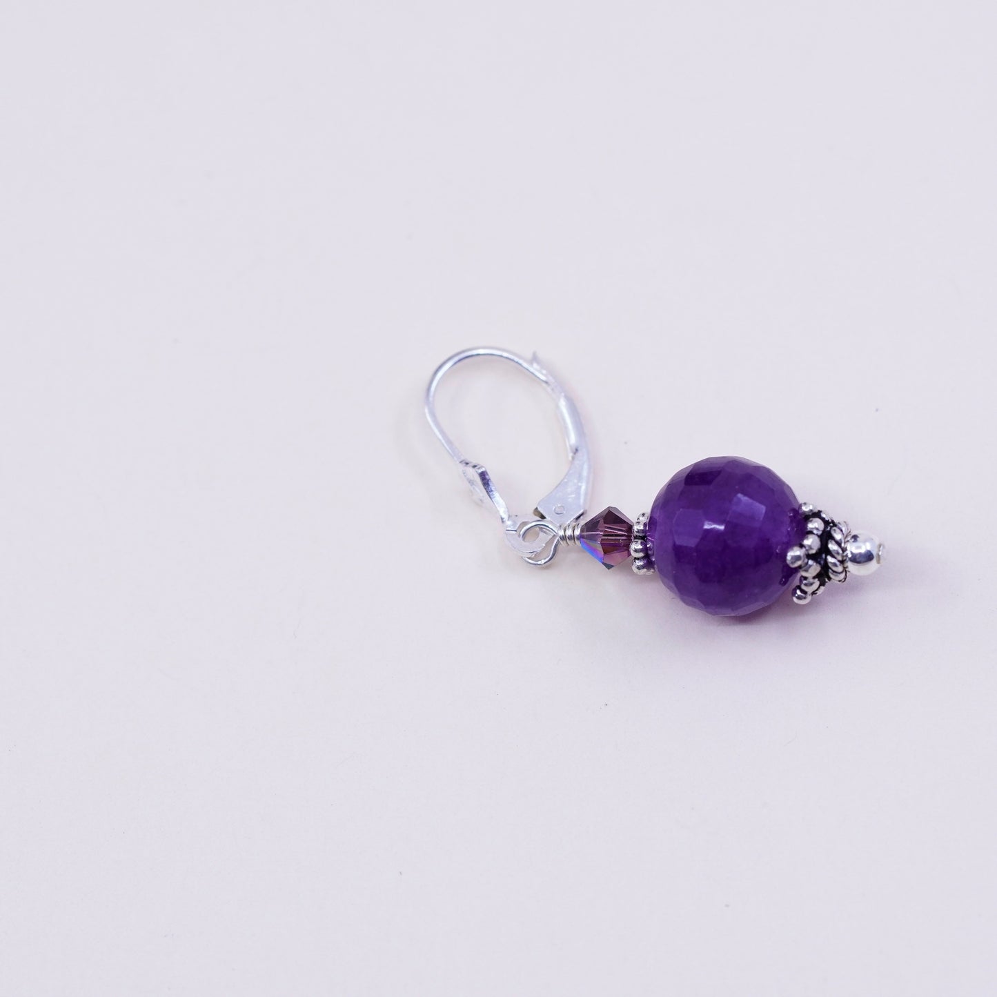 Vintage sterling silver handmade earrings, 925 twisted drop with amethyst bead, stamped 925