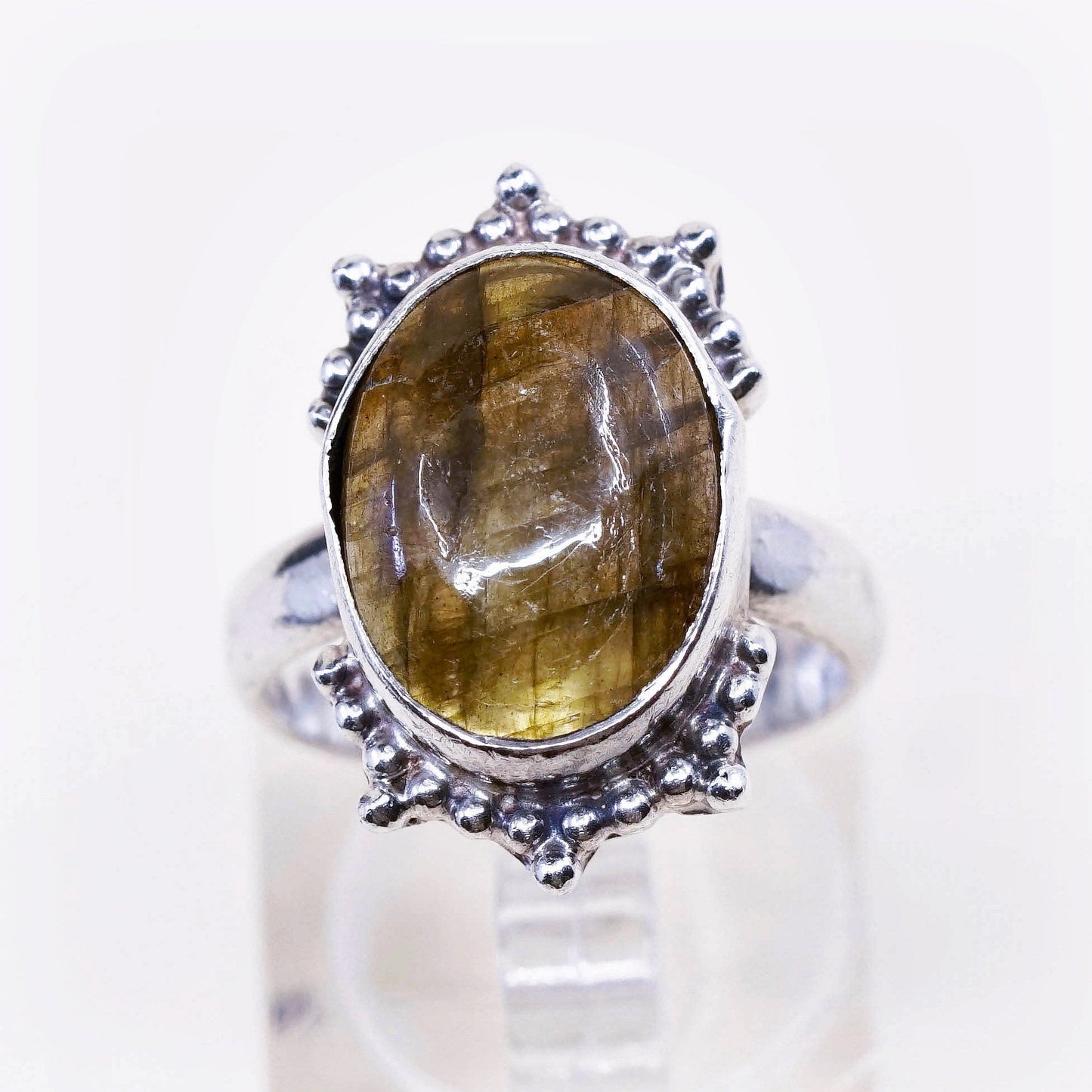 sz 7.5, vtg Sterling silver handmade ring, 925 w/ oval labradorite N beads